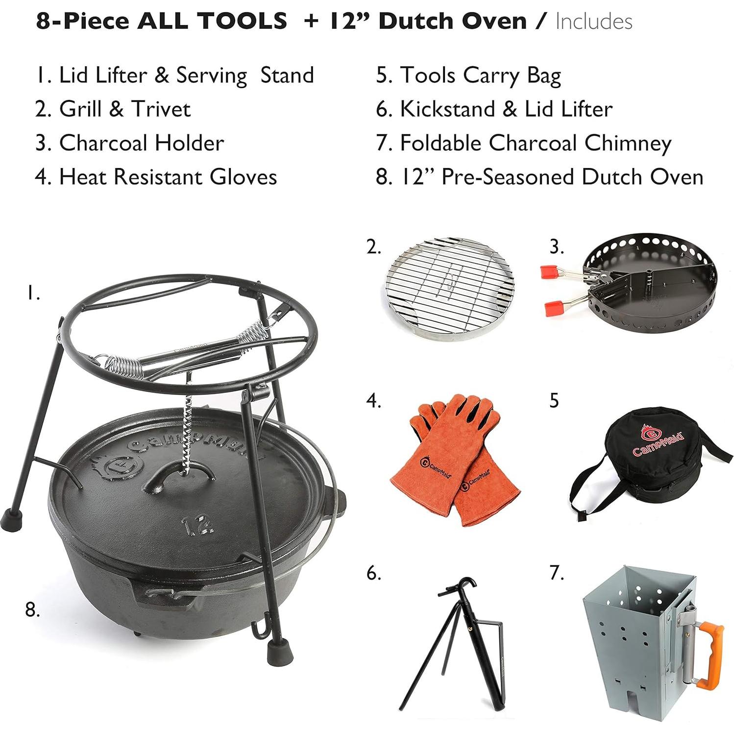 CampMaid Outdoor Cooking Set - Dutch Oven and Tools Set - Charcoal Holder & Cast Iron Grill Accessories - Camping Grill Set - Outdoor Cooking Essentials - Camp Kitchen Equipment - (8 Piece Set)