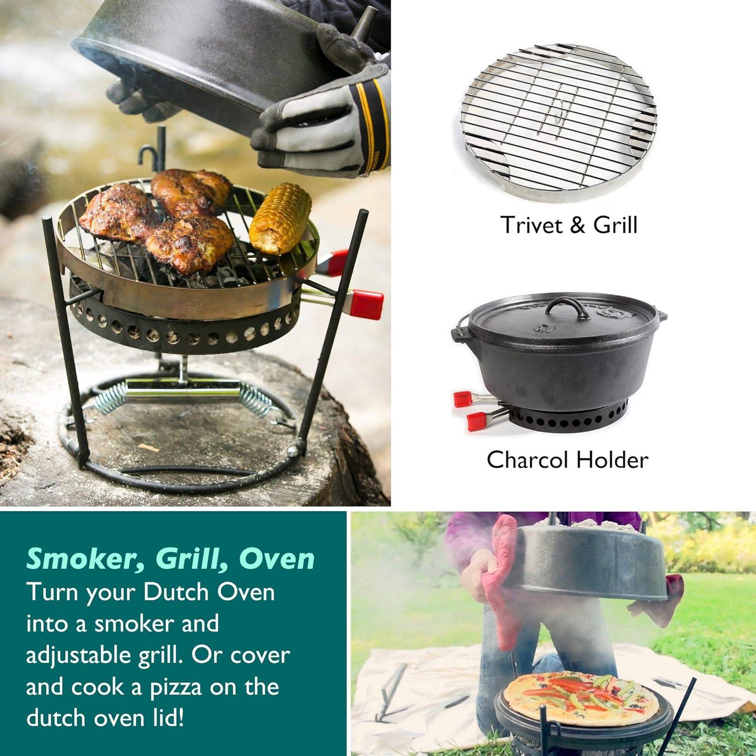 CampMaid Outdoor Cooking Set - Dutch Oven and Tools Set - Charcoal Holder & Cast Iron Grill Accessories - Camping Grill Set - Outdoor Cooking Essentials - Camp Kitchen Equipment - (8 Piece Set)