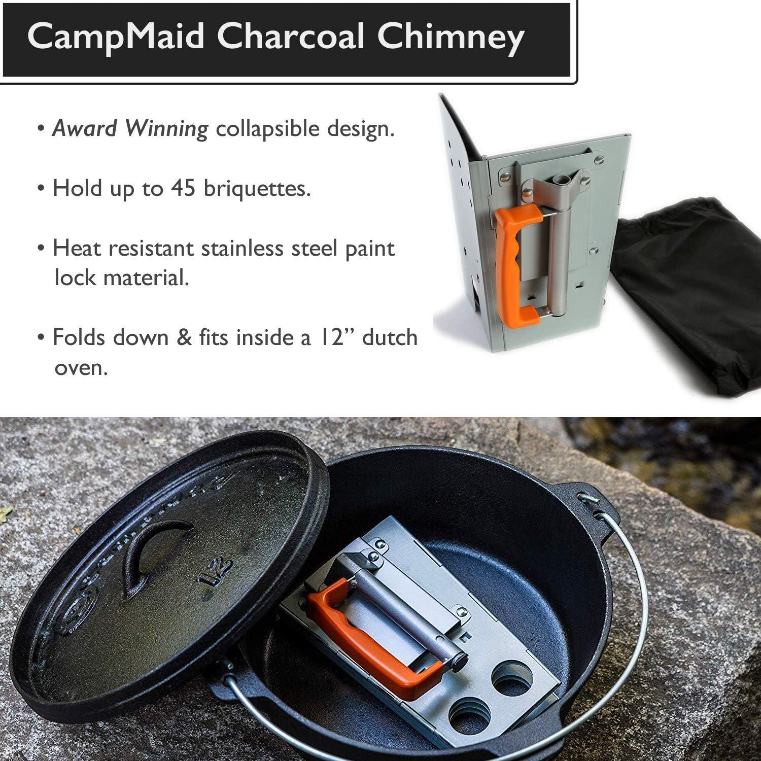 CampMaid Outdoor Cooking Set - Dutch Oven and Tools Set - Charcoal Holder & Cast Iron Grill Accessories - Camping Grill Set - Outdoor Cooking Essentials - Camp Kitchen Equipment - (8 Piece Set)