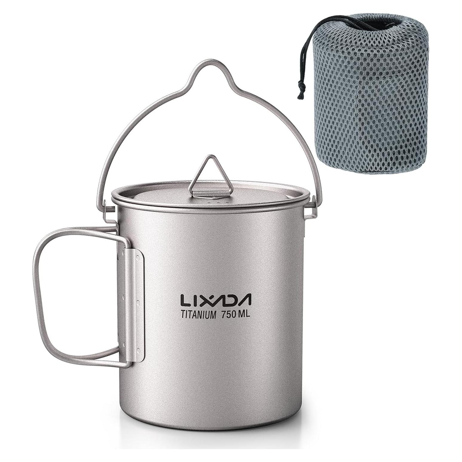 Taza de Titanio Lixada 750ml con Tapa y Mango Plegable