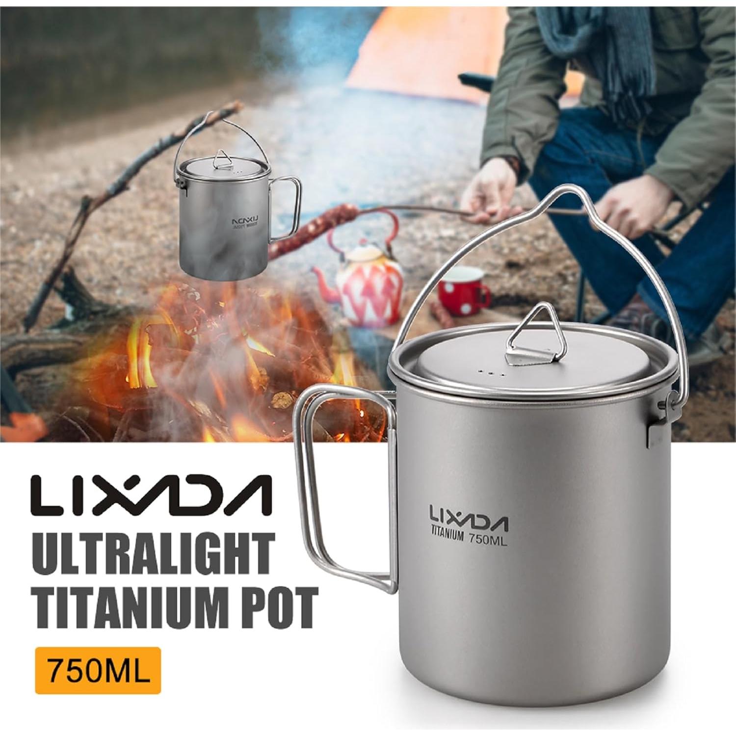 Taza de Titanio Lixada 750ml con Tapa y Mango Plegable