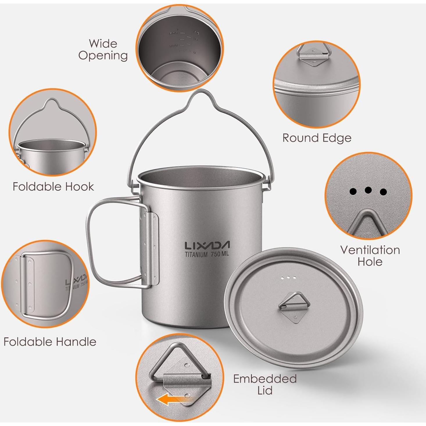 Taza de Titanio Lixada 750ml con Tapa y Mango Plegable