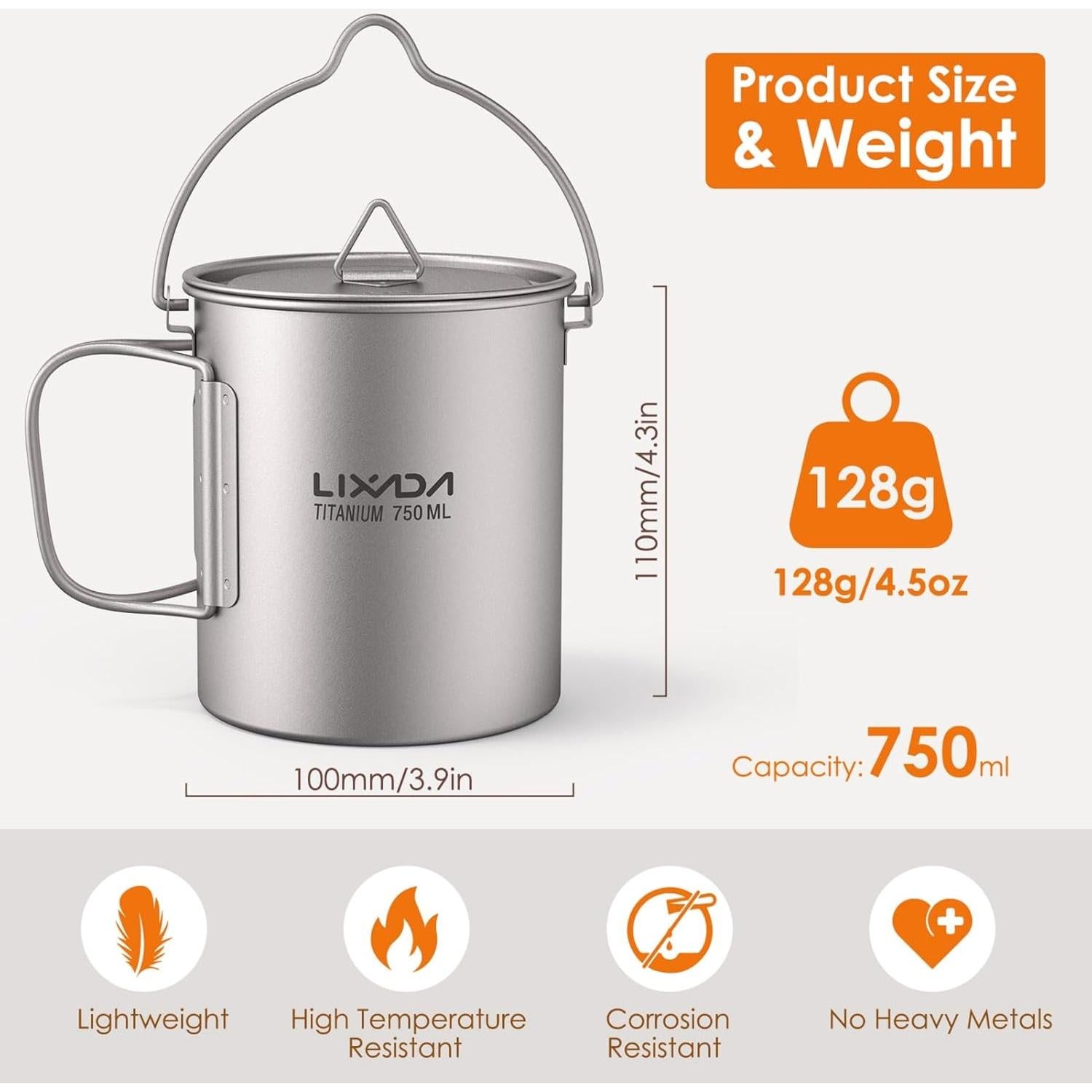 Taza de Titanio Lixada 750ml con Tapa y Mango Plegable