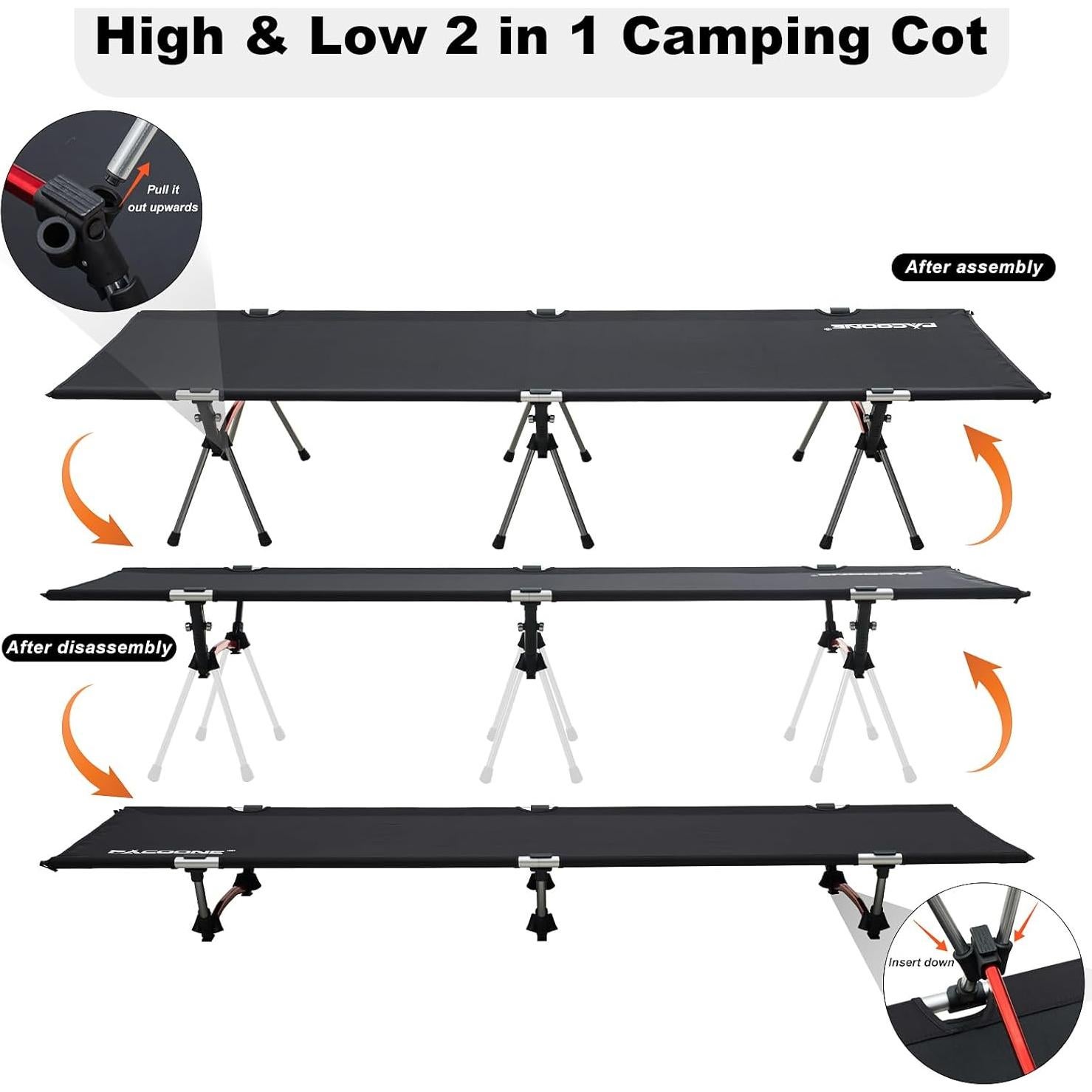 Cama de Camping Plegable PACOONE 2-en-1 Alta Resistencia 150 Kg