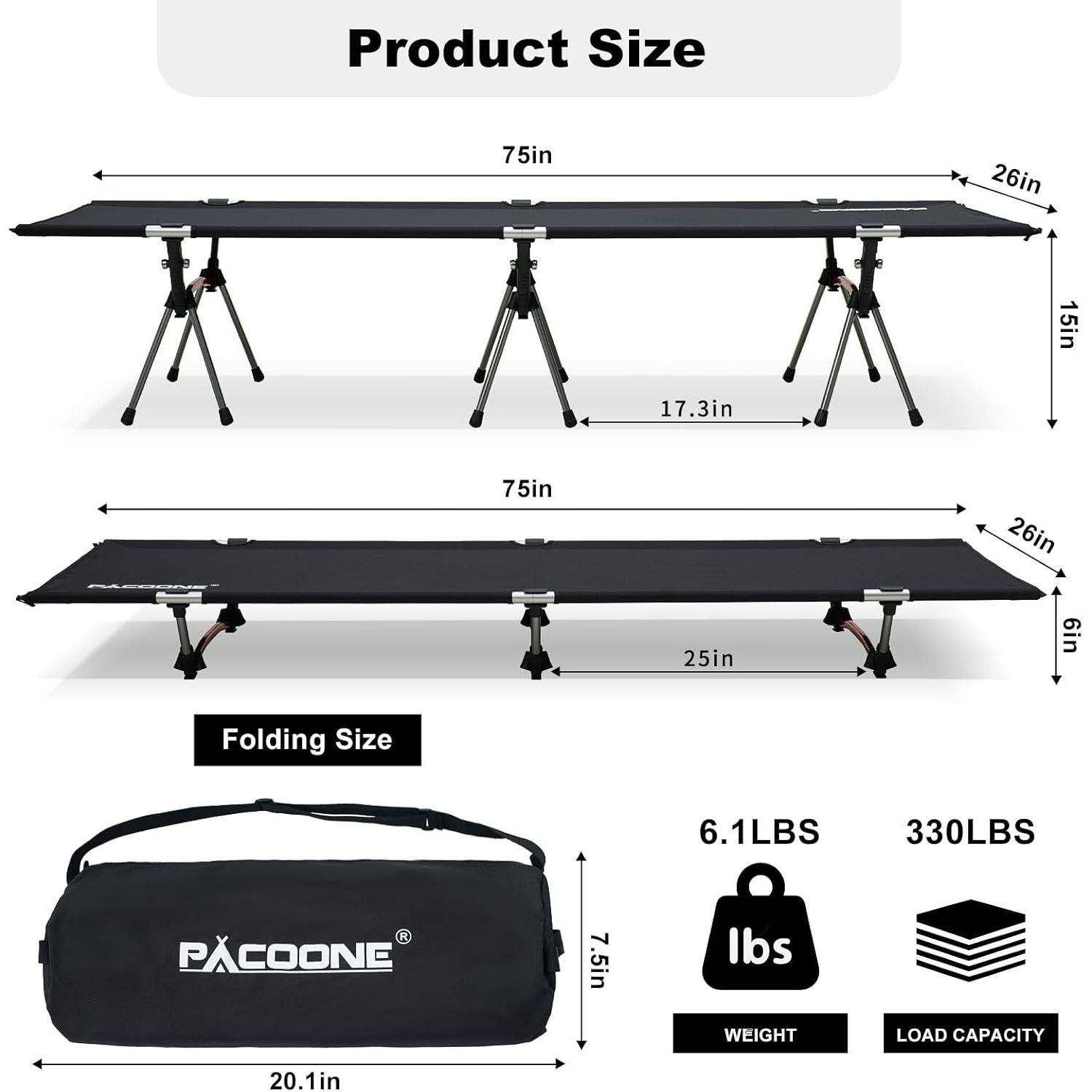 Cama de Camping Plegable PACOONE 2-en-1 Alta Resistencia 150 Kg