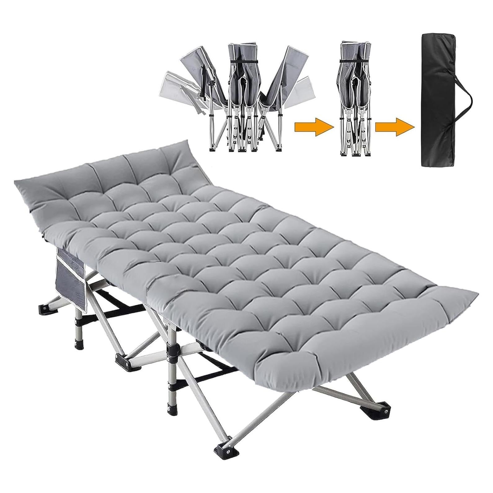 Folding Camping Cot for Adults - Heavy Duty Sleeping Cots with Carry Bag, Double Layer Oxford Portable Travel Camp Cots for Outdoor Camp Beach Home Office (Silver Frame with Gray Pad, 1PACK)