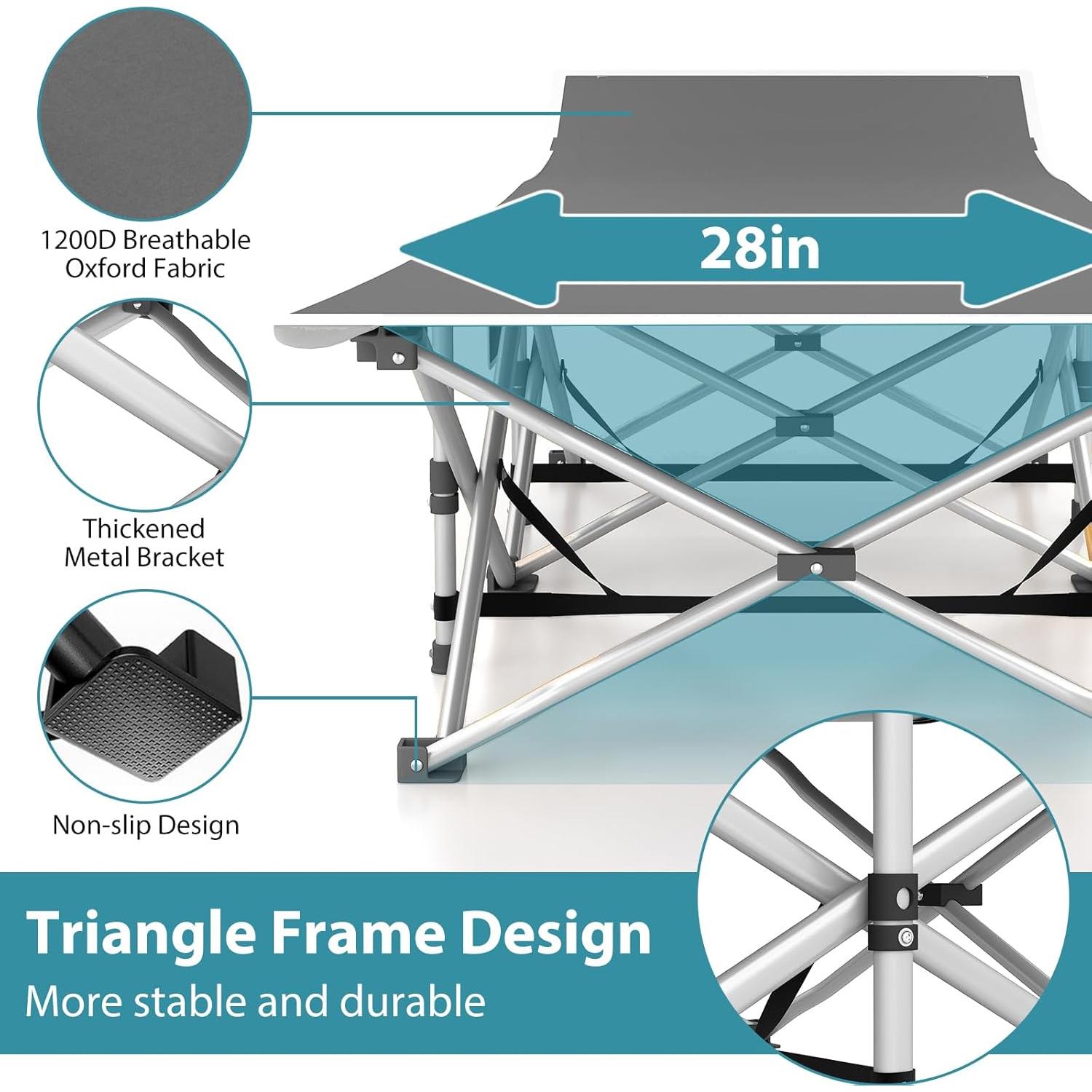 Folding Camping Cot for Adults - Heavy Duty Sleeping Cots with Carry Bag, Double Layer Oxford Portable Travel Camp Cots for Outdoor Camp Beach Home Office (Silver Frame with Gray Pad, 1PACK)