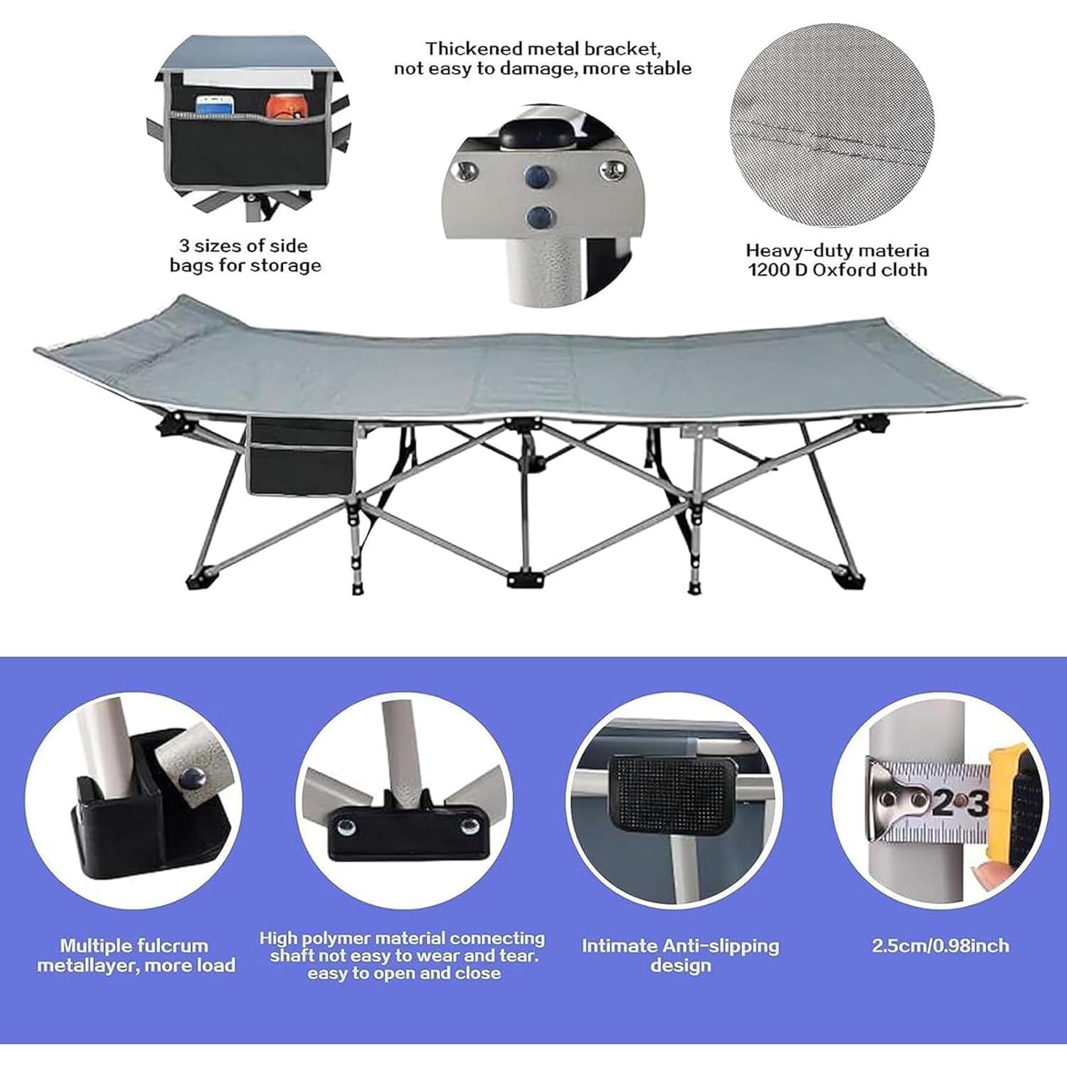 Folding Camping Cot for Adults - Heavy Duty Sleeping Cots with Carry Bag, Double Layer Oxford Portable Travel Camp Cots for Outdoor Camp Beach Home Office (Silver Frame with Gray Pad, 1PACK)