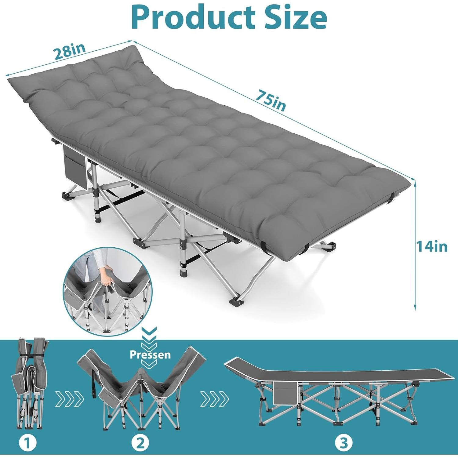 Folding Camping Cot for Adults - Heavy Duty Sleeping Cots with Carry Bag, Double Layer Oxford Portable Travel Camp Cots for Outdoor Camp Beach Home Office (Silver Frame with Gray Pad, 1PACK)