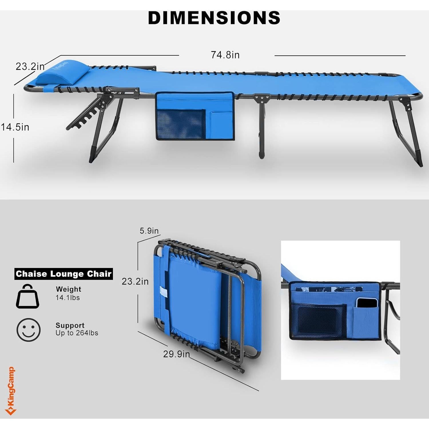 Silla Lounge Plegable KingCamp Azul Cobalto 4 Posiciones