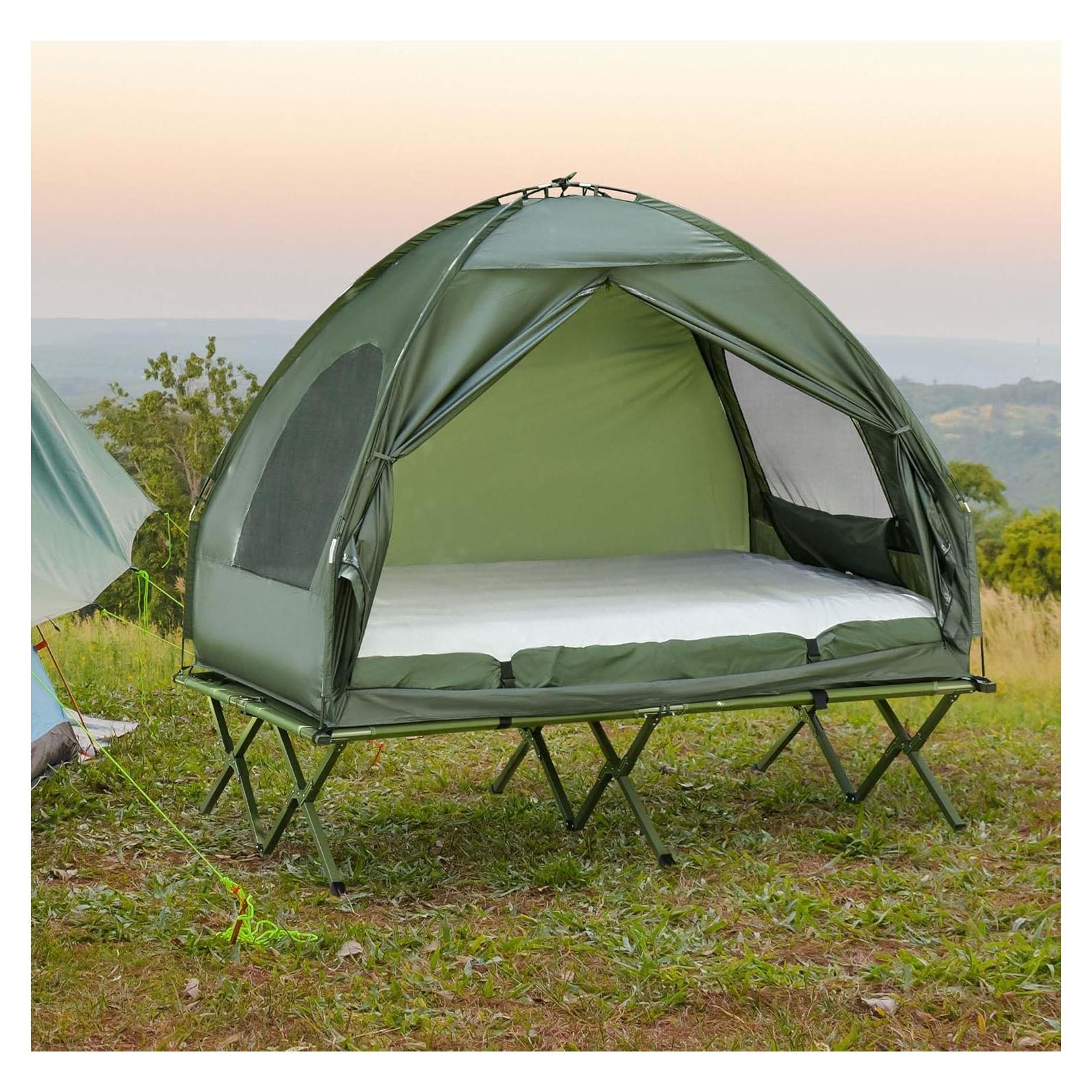 2 Person Camping Cot with Tent & Air Mattress, 4-in-1 Portable Foldable Elevated Bed for Adults, Outdoor Hiking Backpacking, Includes Pump & Bedspread, 76" x 57" Dark Green (76x57)