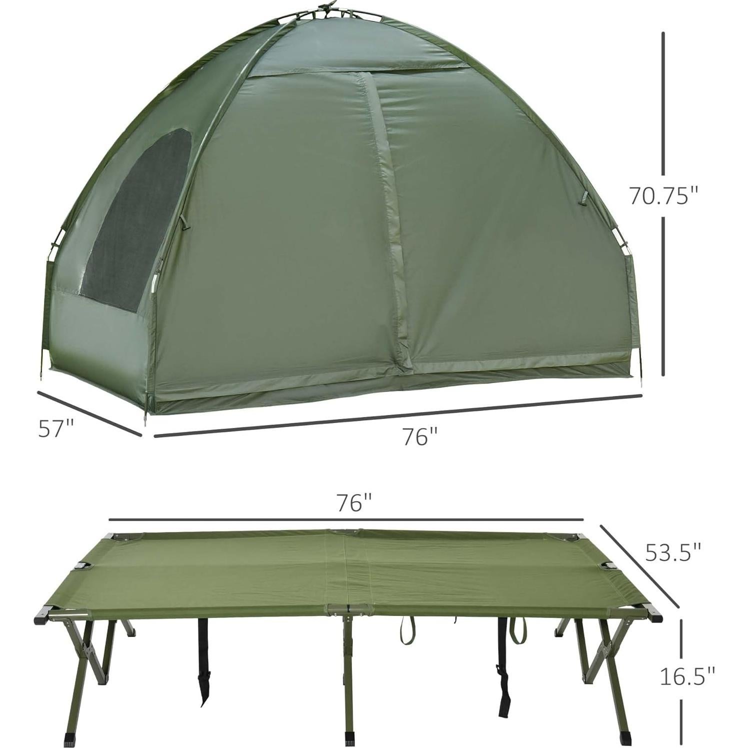 2 Person Camping Cot with Tent & Air Mattress, 4-in-1 Portable Foldable Elevated Bed for Adults, Outdoor Hiking Backpacking, Includes Pump & Bedspread, 76" x 57" Dark Green (76x57)