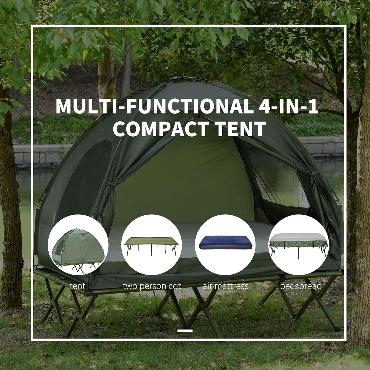 2 Person Camping Cot with Tent & Air Mattress, 4-in-1 Portable Foldable Elevated Bed for Adults, Outdoor Hiking Backpacking, Includes Pump & Bedspread, 76" x 57" Dark Green (76x57)