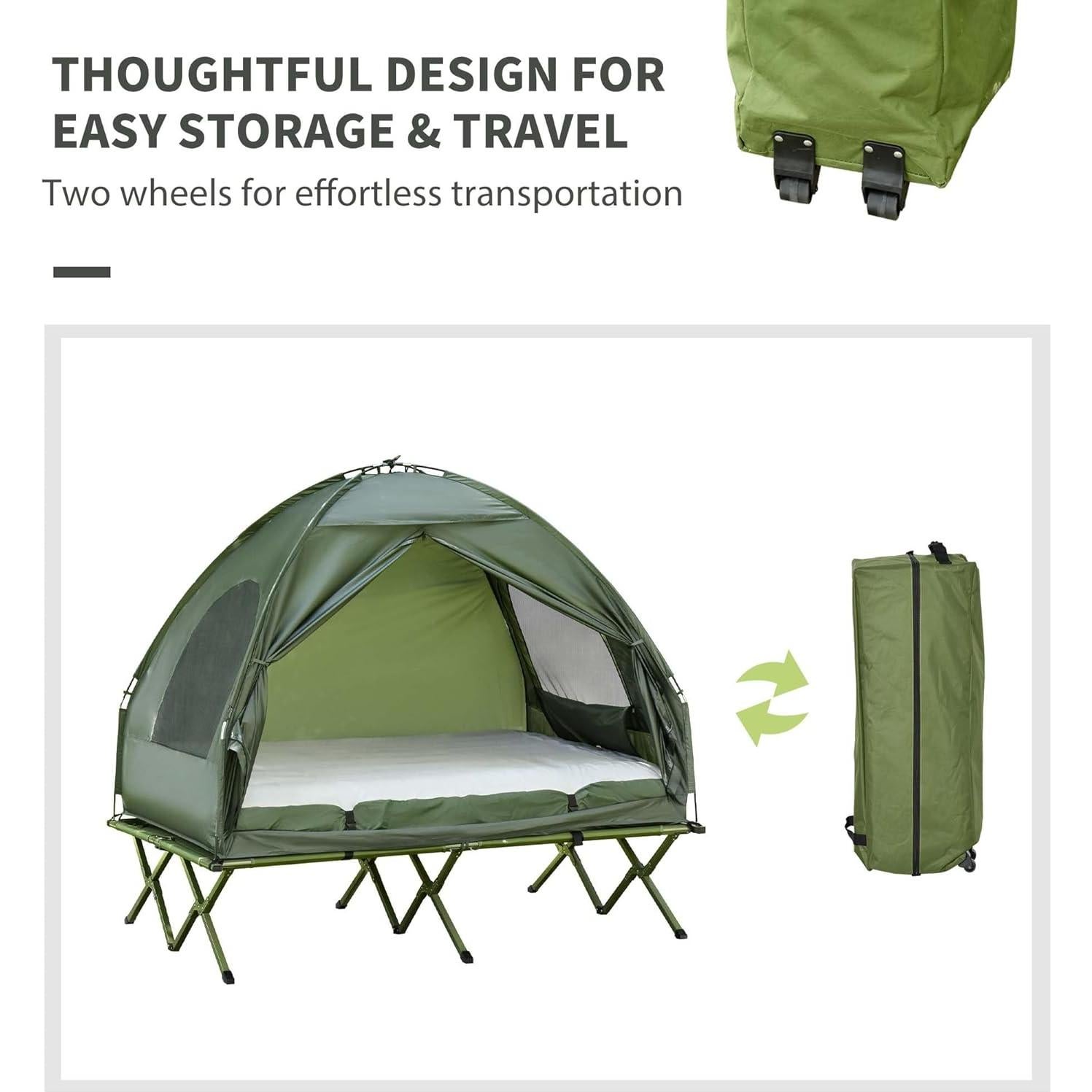 2 Person Camping Cot with Tent & Air Mattress, 4-in-1 Portable Foldable Elevated Bed for Adults, Outdoor Hiking Backpacking, Includes Pump & Bedspread, 76" x 57" Dark Green (76x57)