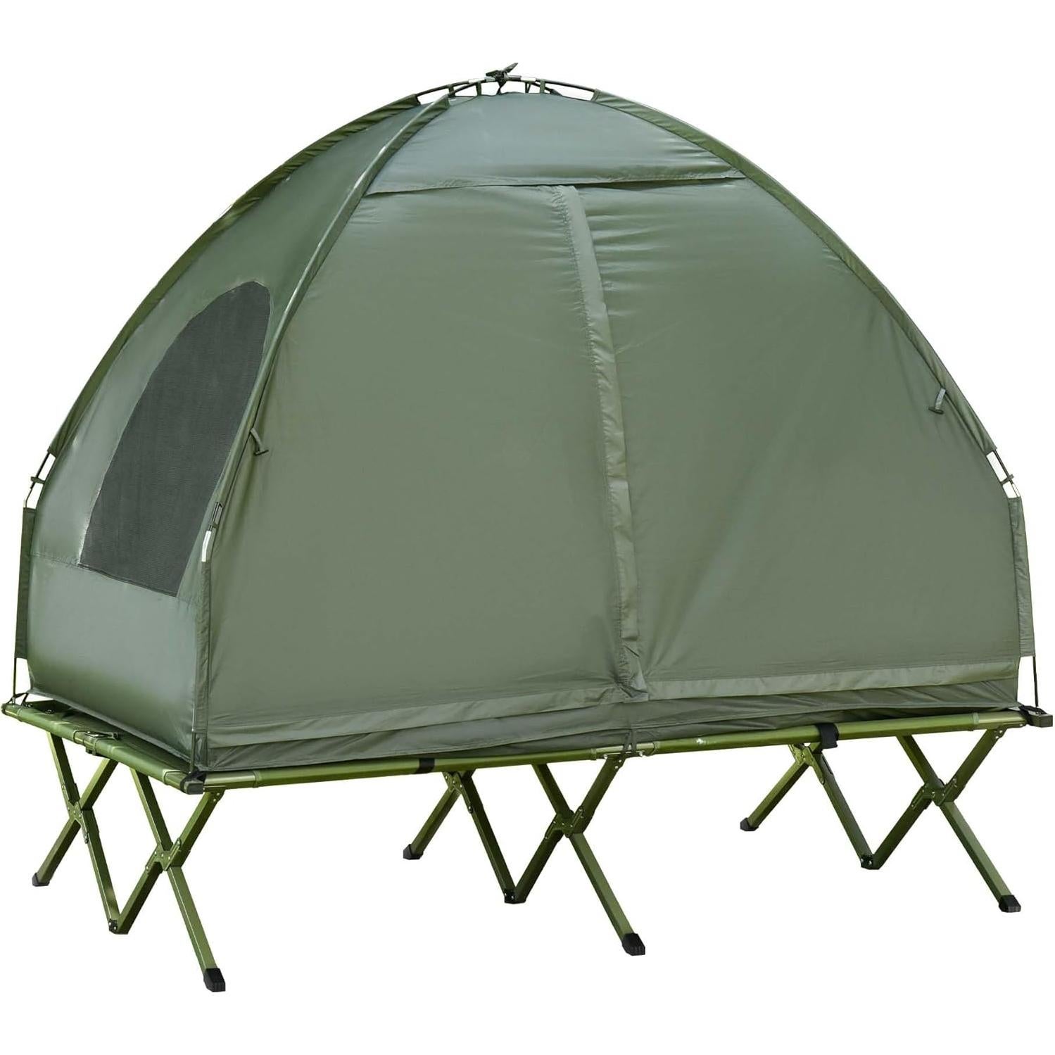 2 Person Camping Cot with Tent & Air Mattress, 4-in-1 Portable Foldable Elevated Bed for Adults, Outdoor Hiking Backpacking, Includes Pump & Bedspread, 76" x 57" Dark Green (76x57)