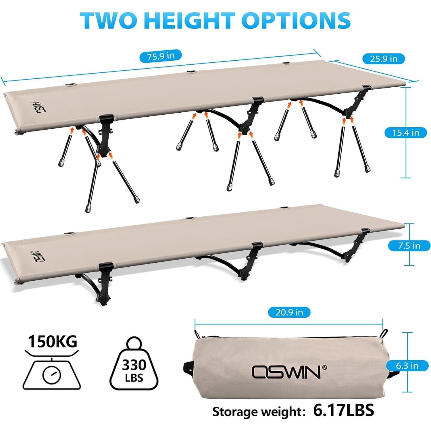 Cama de Camping OSWIN Plegable Ultraligera 150 kg Caqui
