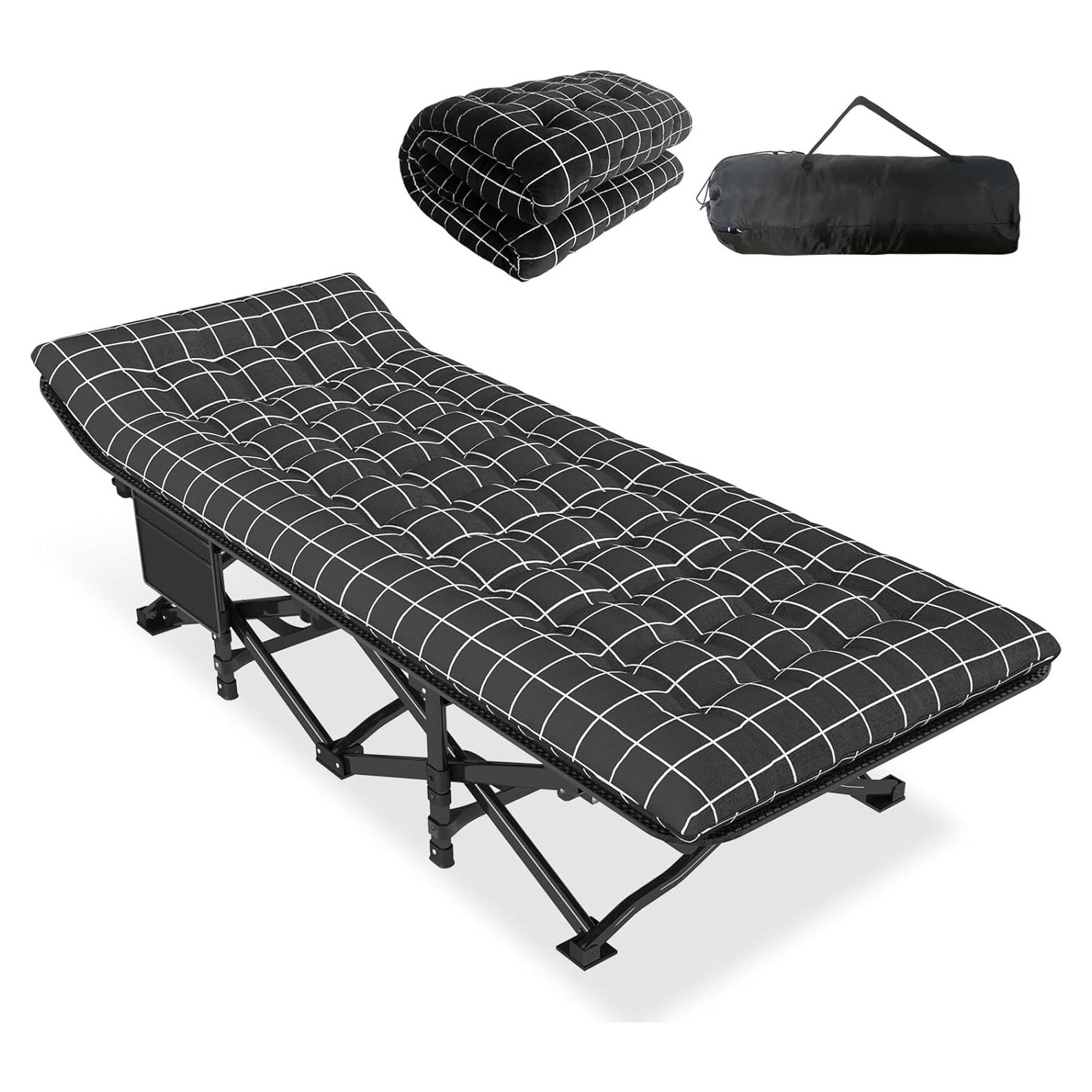 ATORPOK Camping Cot for Adults with Cushion Comfortable, Portable Folding Bed for Sleeping, Lightweight Folding Bed with Carry Bag for Kids Supports 450 lbs (Black)