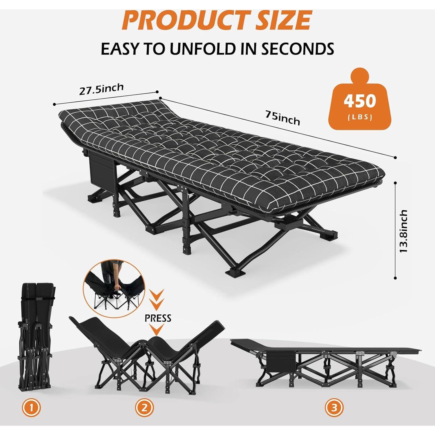 ATORPOK Camping Cot for Adults with Cushion Comfortable, Portable Folding Bed for Sleeping, Lightweight Folding Bed with Carry Bag for Kids Supports 450 lbs (Black)