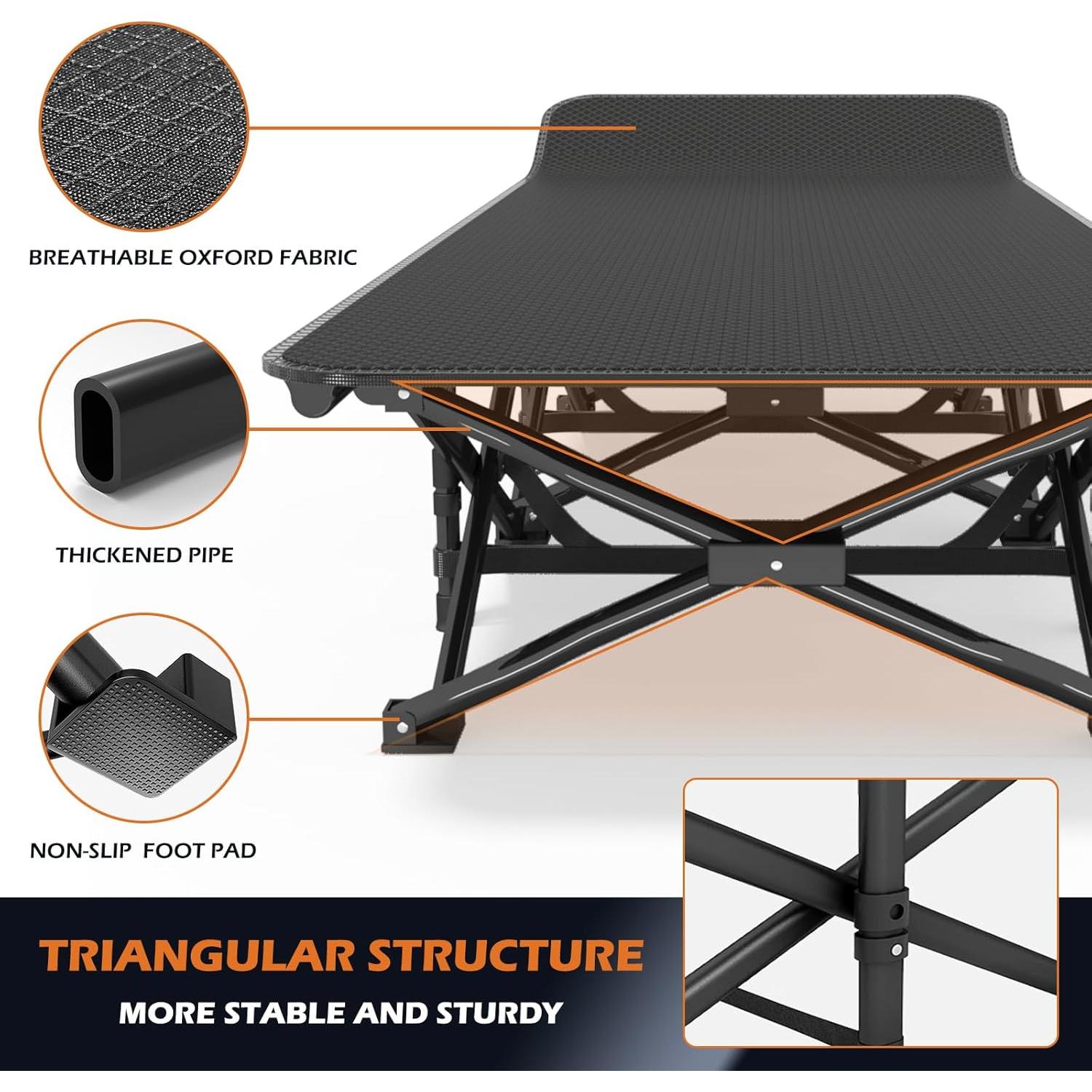 ATORPOK Camping Cot for Adults with Cushion Comfortable, Portable Folding Bed for Sleeping, Lightweight Folding Bed with Carry Bag for Kids Supports 450 lbs (Black)