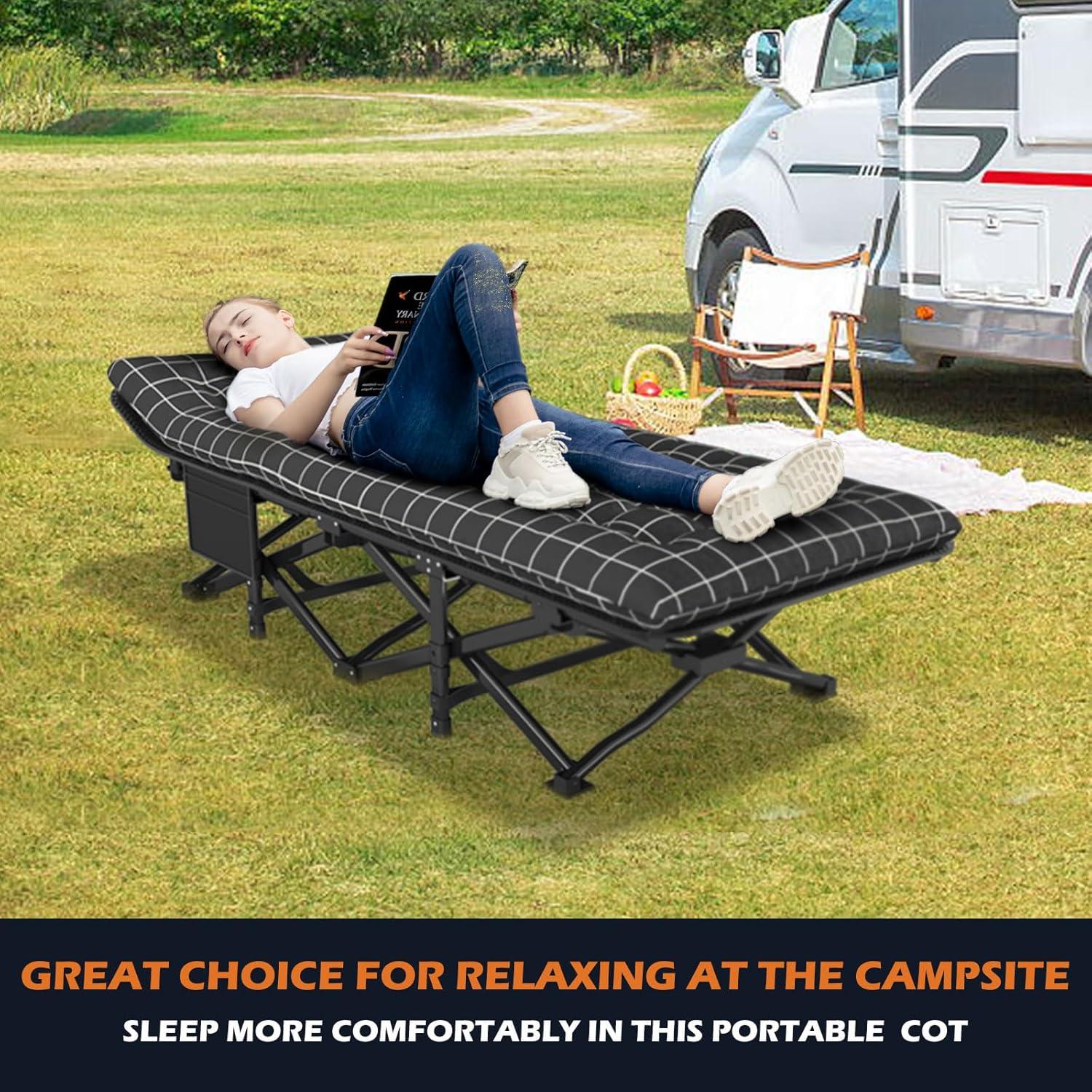 ATORPOK Camping Cot for Adults with Cushion Comfortable, Portable Folding Bed for Sleeping, Lightweight Folding Bed with Carry Bag for Kids Supports 450 lbs (Black)