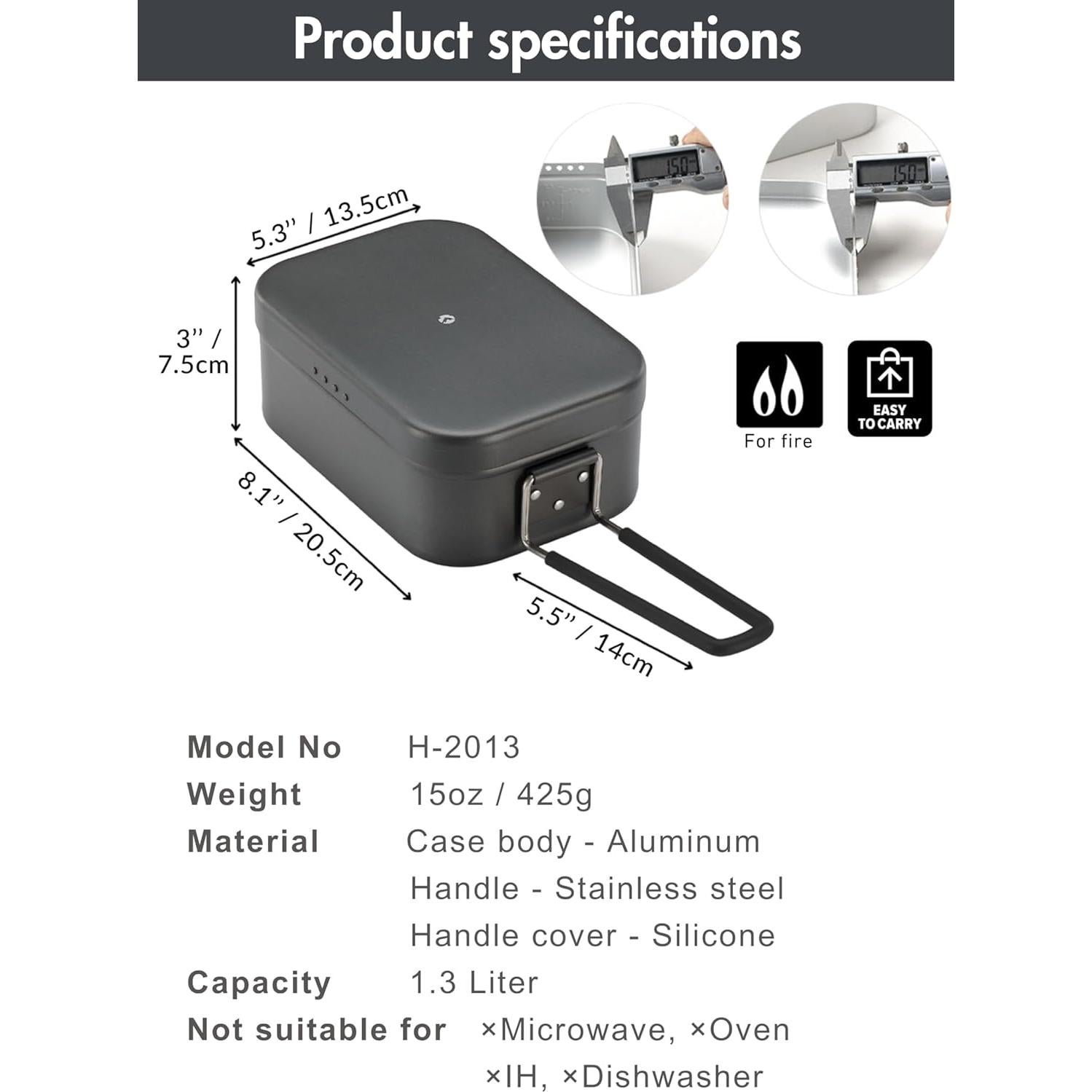 Tin de Comida Campingmoon 1.3L Aluminio Grueso Negro H-2013