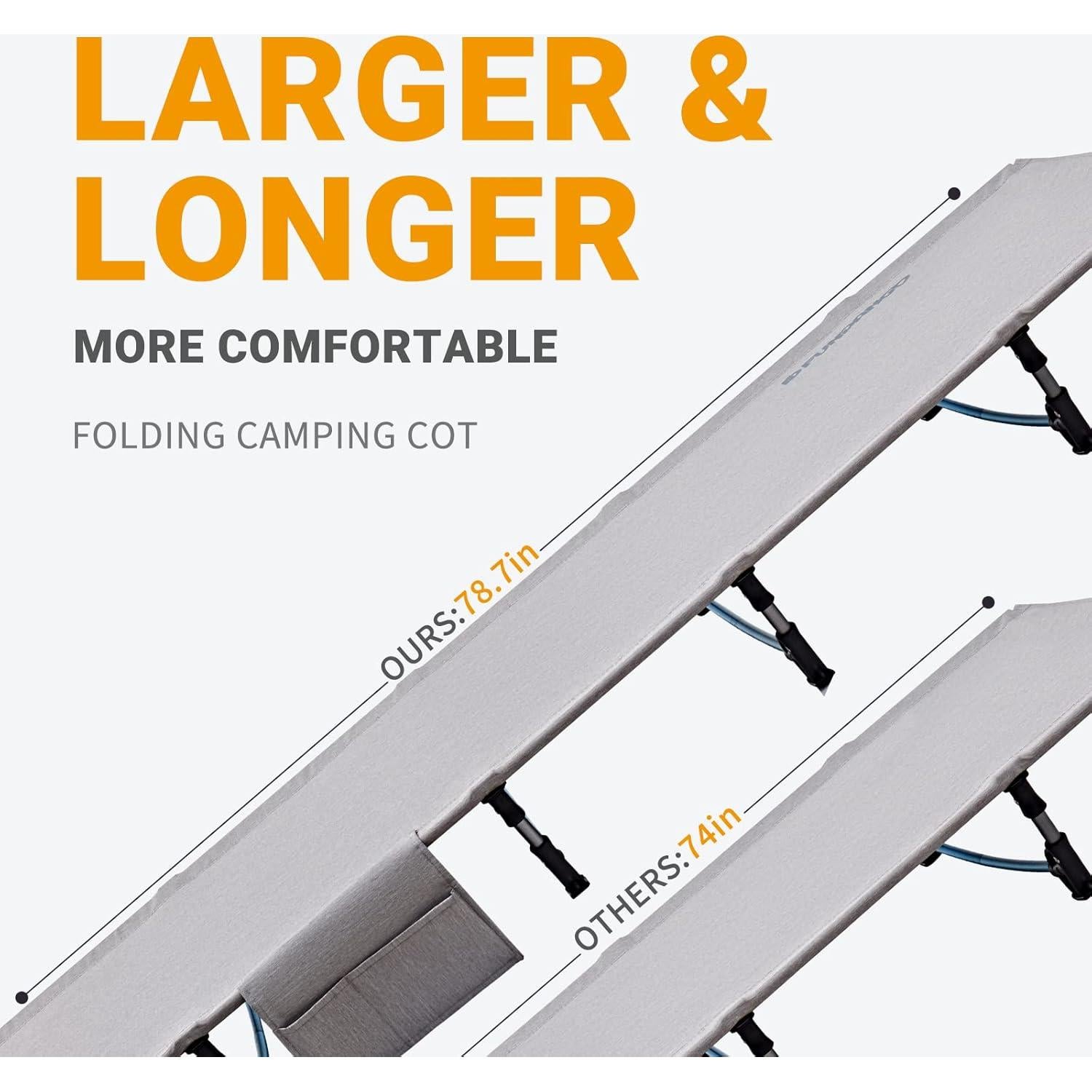 FUNDANGO Ultralight Folding Camping Cot, Extra Long Backpack Lightweight Camping Cots for Adults Portable Cot Bed for Hiking Travel Home Mountaineering, Grey