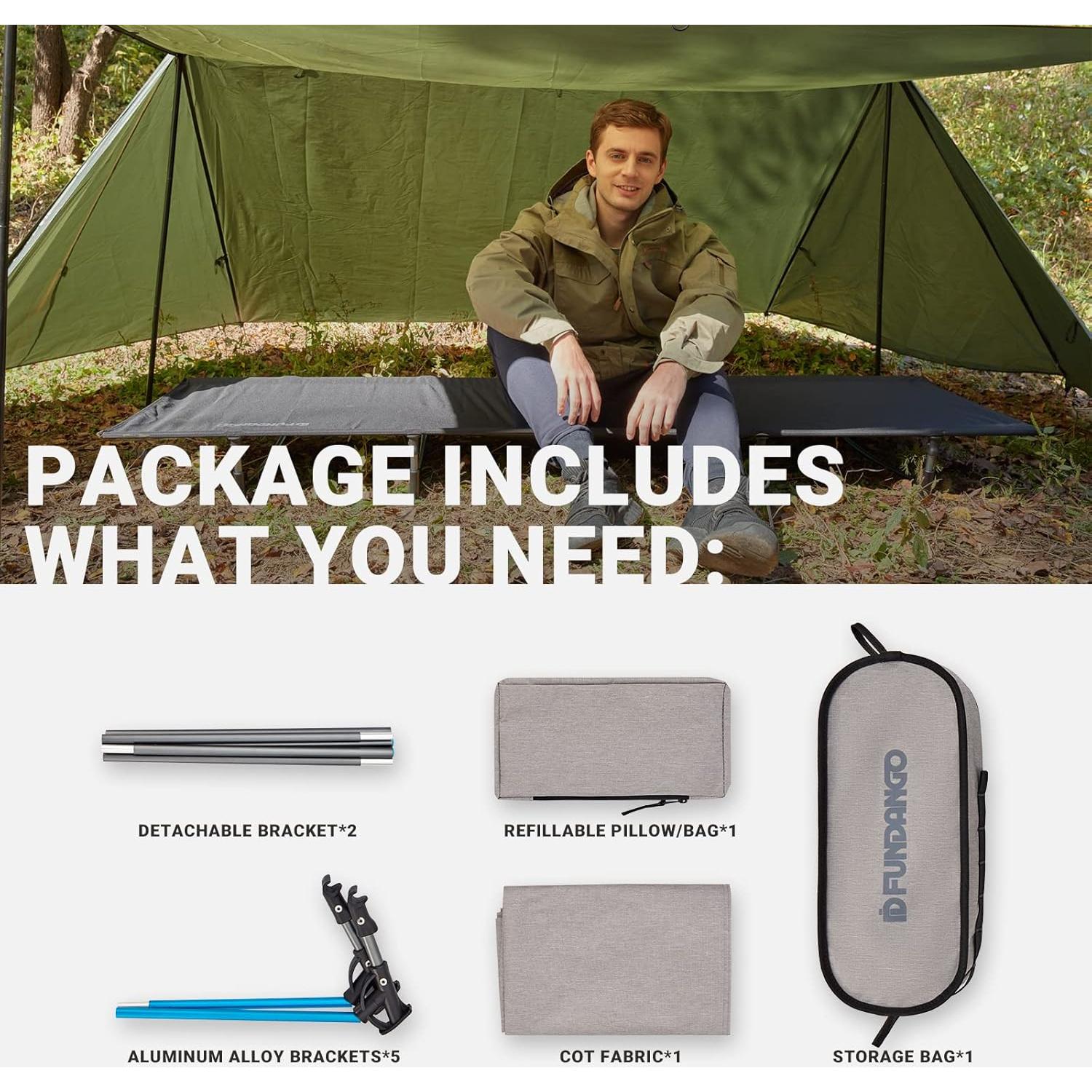 FUNDANGO Ultralight Folding Camping Cot, Extra Long Backpack Lightweight Camping Cots for Adults Portable Cot Bed for Hiking Travel Home Mountaineering, Grey