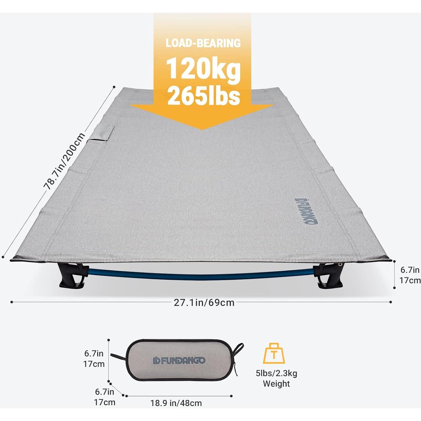 FUNDANGO Ultralight Folding Camping Cot, Extra Long Backpack Lightweight Camping Cots for Adults Portable Cot Bed for Hiking Travel Home Mountaineering, Grey