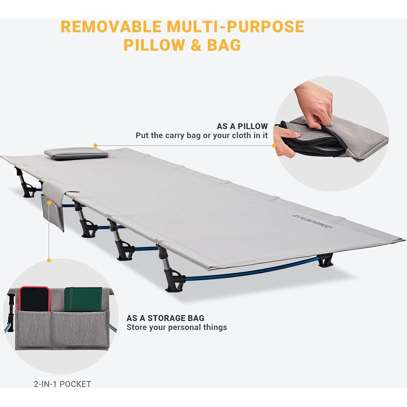 FUNDANGO Ultralight Folding Camping Cot, Extra Long Backpack Lightweight Camping Cots for Adults Portable Cot Bed for Hiking Travel Home Mountaineering, Grey