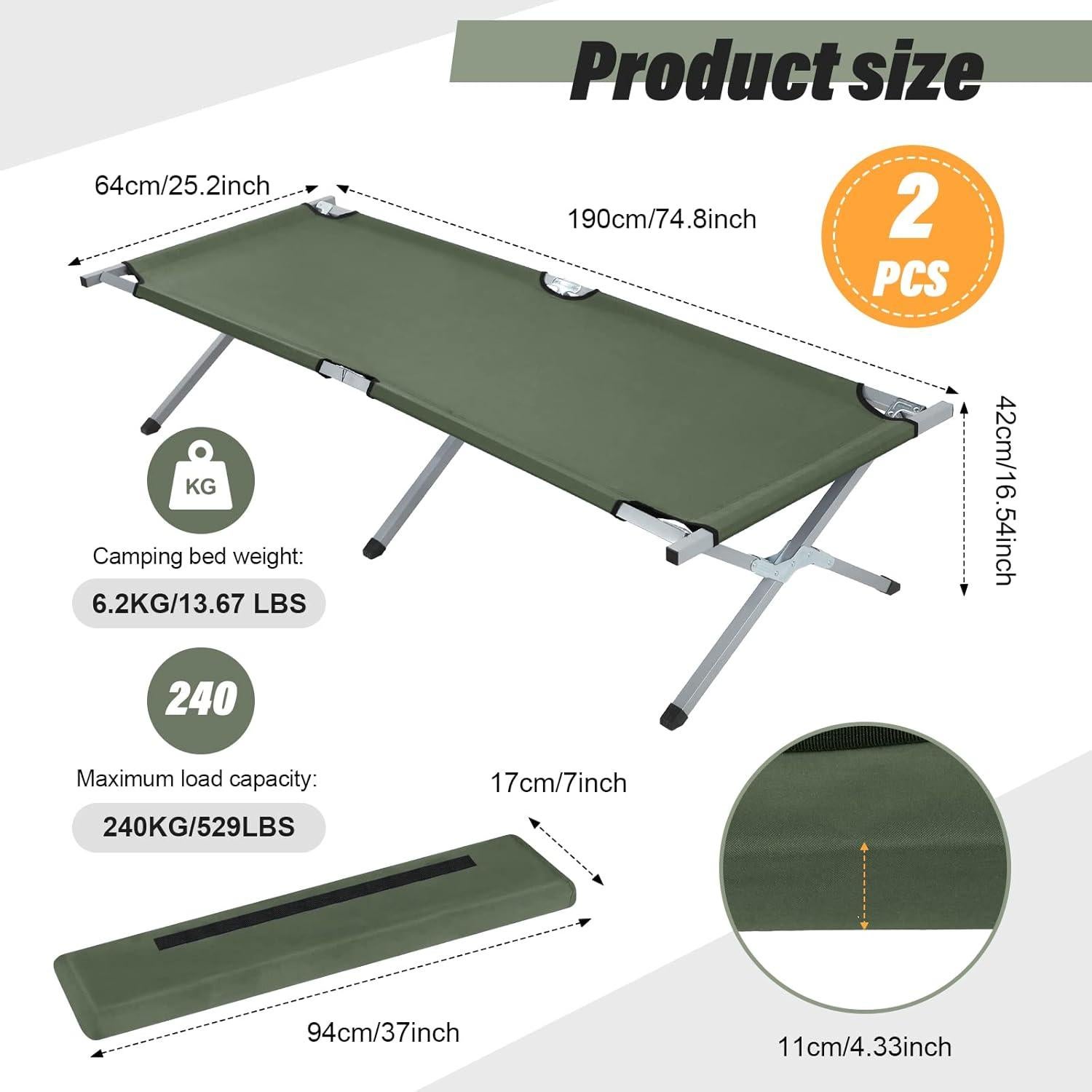 Cama Plegable para Camping Geetery 2 Pcs Verde Militar 240 kg
