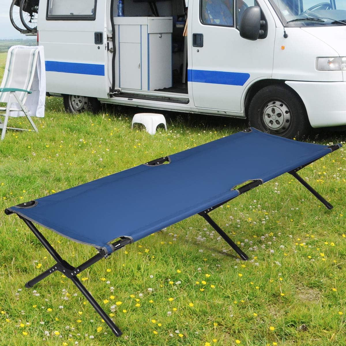 Cama de Camping Plegable GYMAX Azul, Alta Resistencia 136 kg
