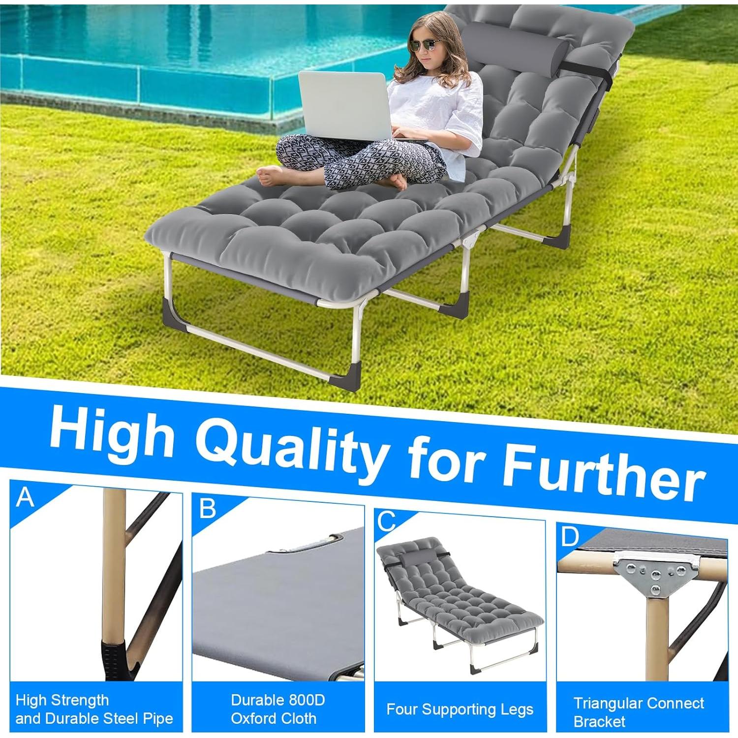 Portable Folding Camping Cot, Oversize 28.7in Adjustable 5-Position Adults Reclining Lounge Chairs with Pillow, 500 lb Weight Capacity, Heavy Duty Oxford Cloth 800D with Mattress