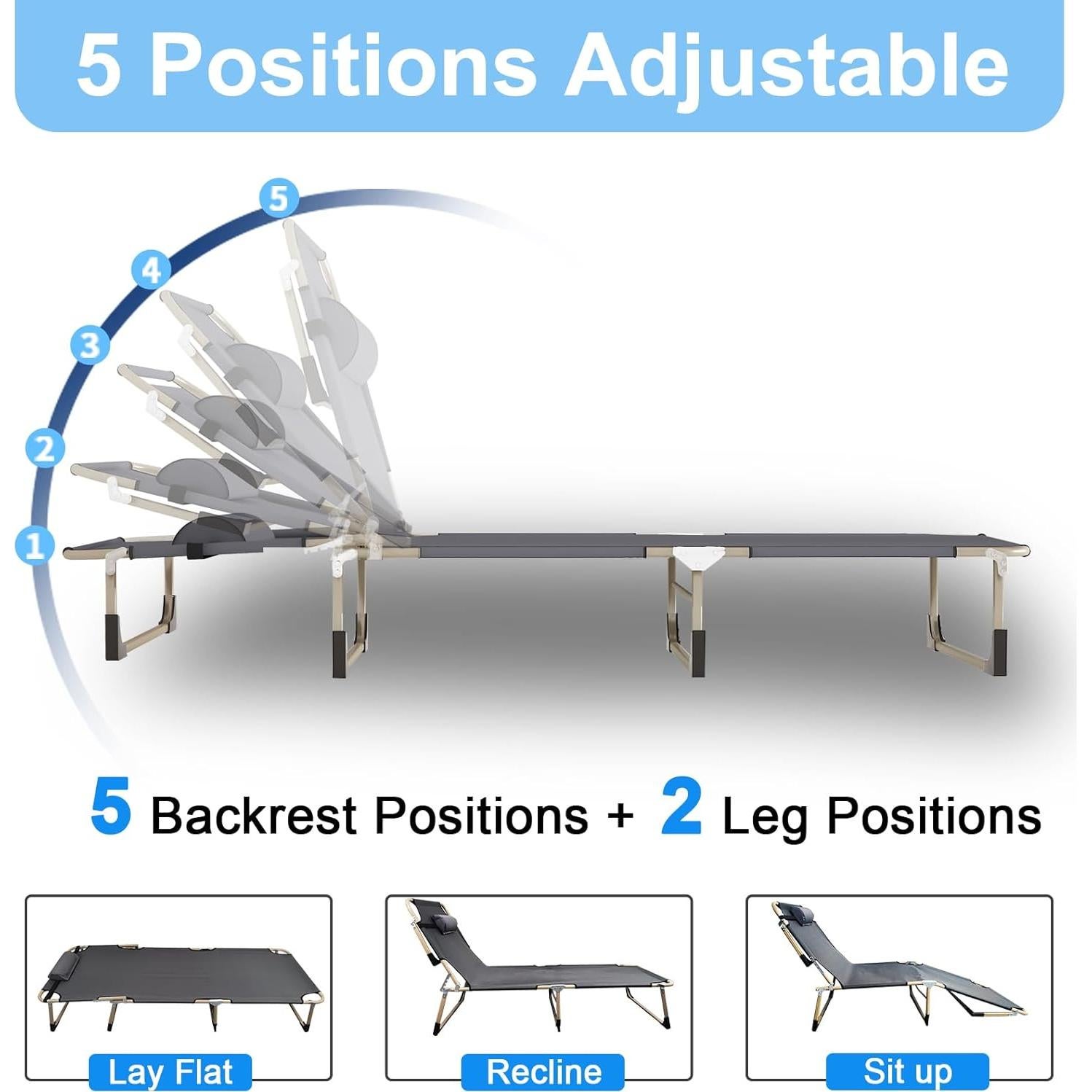 Portable Folding Camping Cot, Oversize 28.7in Adjustable 5-Position Adults Reclining Lounge Chairs with Pillow, 500 lb Weight Capacity, Heavy Duty Oxford Cloth 800D with Mattress