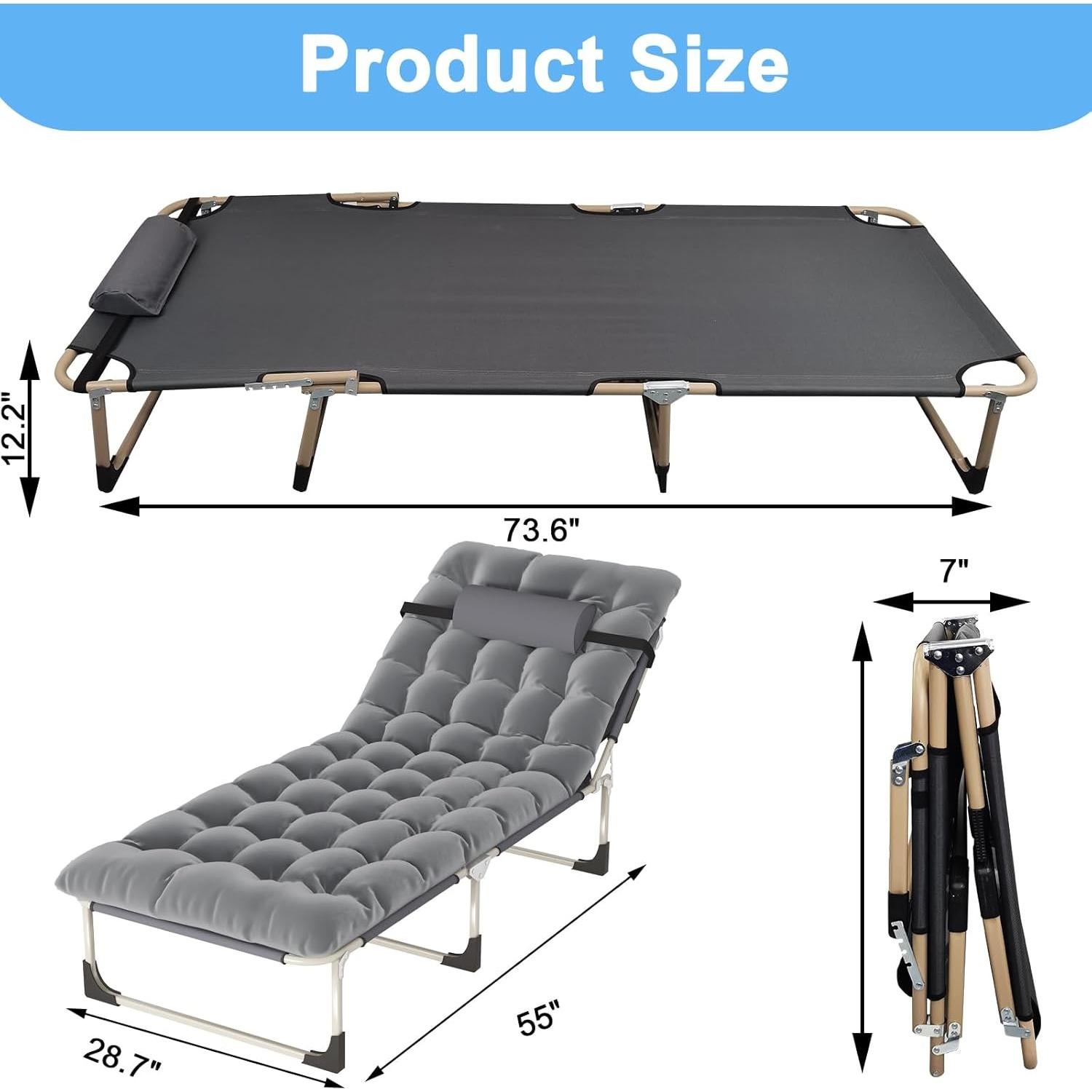 Portable Folding Camping Cot, Oversize 28.7in Adjustable 5-Position Adults Reclining Lounge Chairs with Pillow, 500 lb Weight Capacity, Heavy Duty Oxford Cloth 800D with Mattress