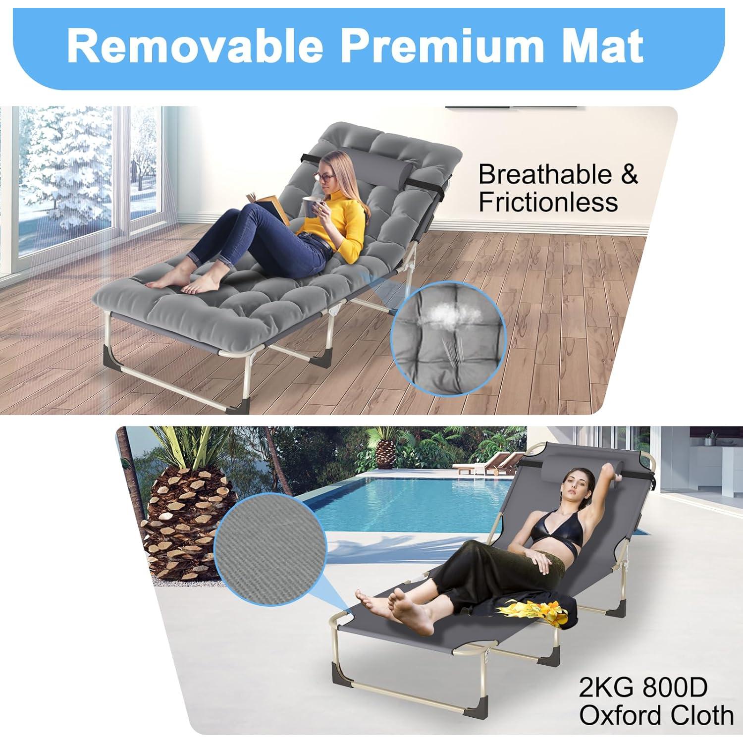 Portable Folding Camping Cot, Oversize 28.7in Adjustable 5-Position Adults Reclining Lounge Chairs with Pillow, 500 lb Weight Capacity, Heavy Duty Oxford Cloth 800D with Mattress