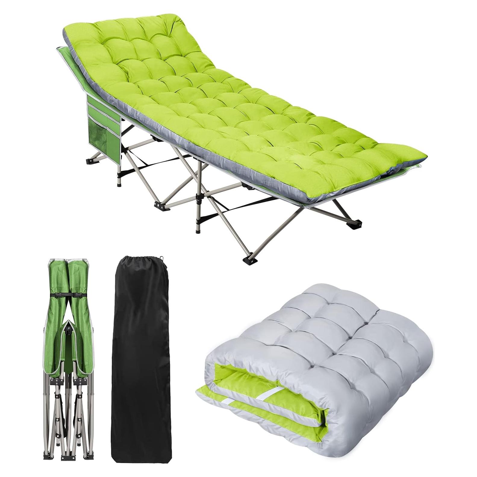 HAITRAL Portable Camping Cot with Mattress - Outdoor Folding Heavy Duty Sleeping Bed with Side Pocket for Adults - Oxford Single Lounge Chaise for Camping Tent Beach Office Max Load 300 LBS (Green)