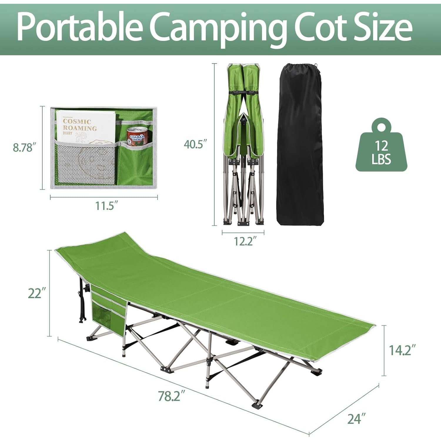 HAITRAL Portable Camping Cot with Mattress - Outdoor Folding Heavy Duty Sleeping Bed with Side Pocket for Adults - Oxford Single Lounge Chaise for Camping Tent Beach Office Max Load 300 LBS (Green)