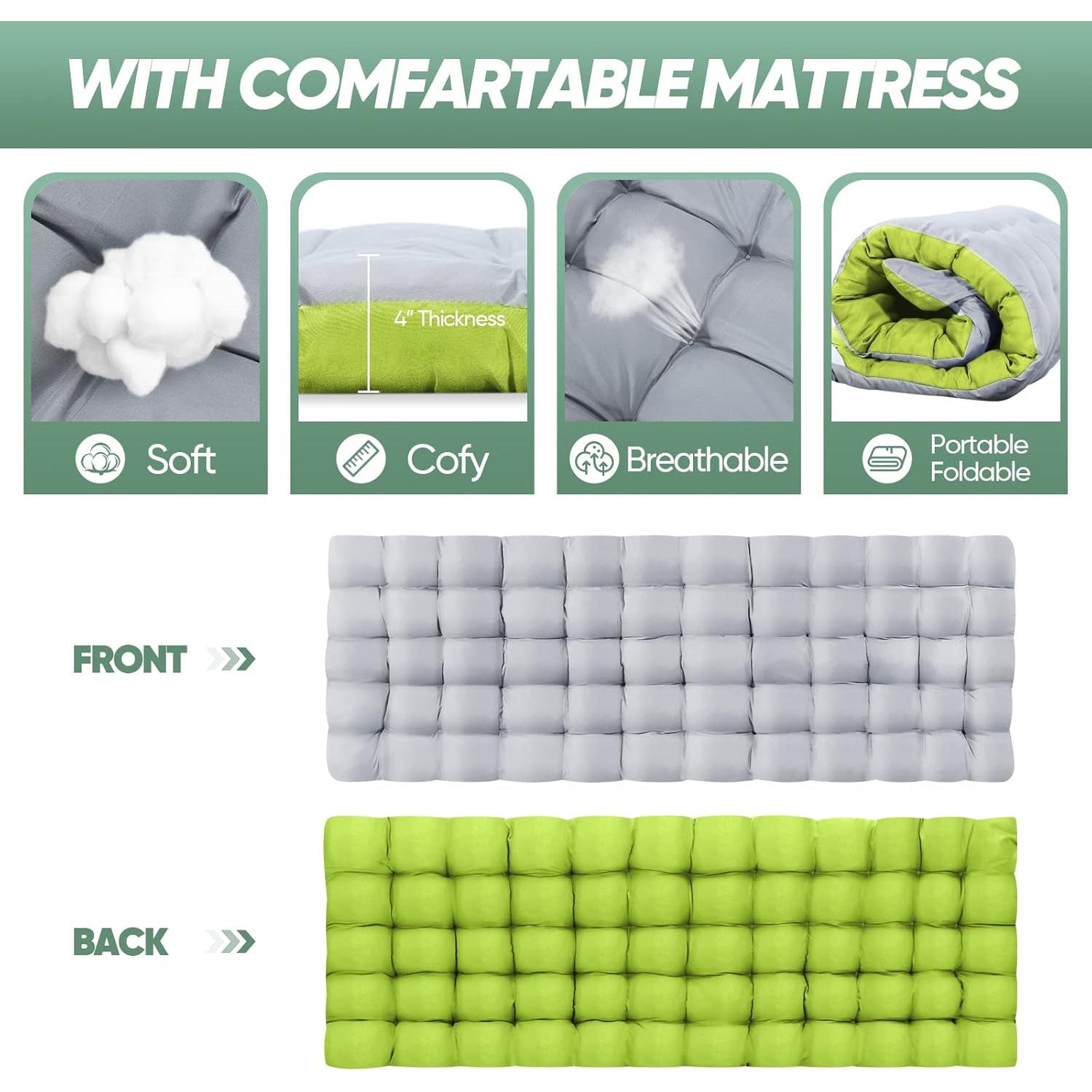 HAITRAL Portable Camping Cot with Mattress - Outdoor Folding Heavy Duty Sleeping Bed with Side Pocket for Adults - Oxford Single Lounge Chaise for Camping Tent Beach Office Max Load 300 LBS (Green)