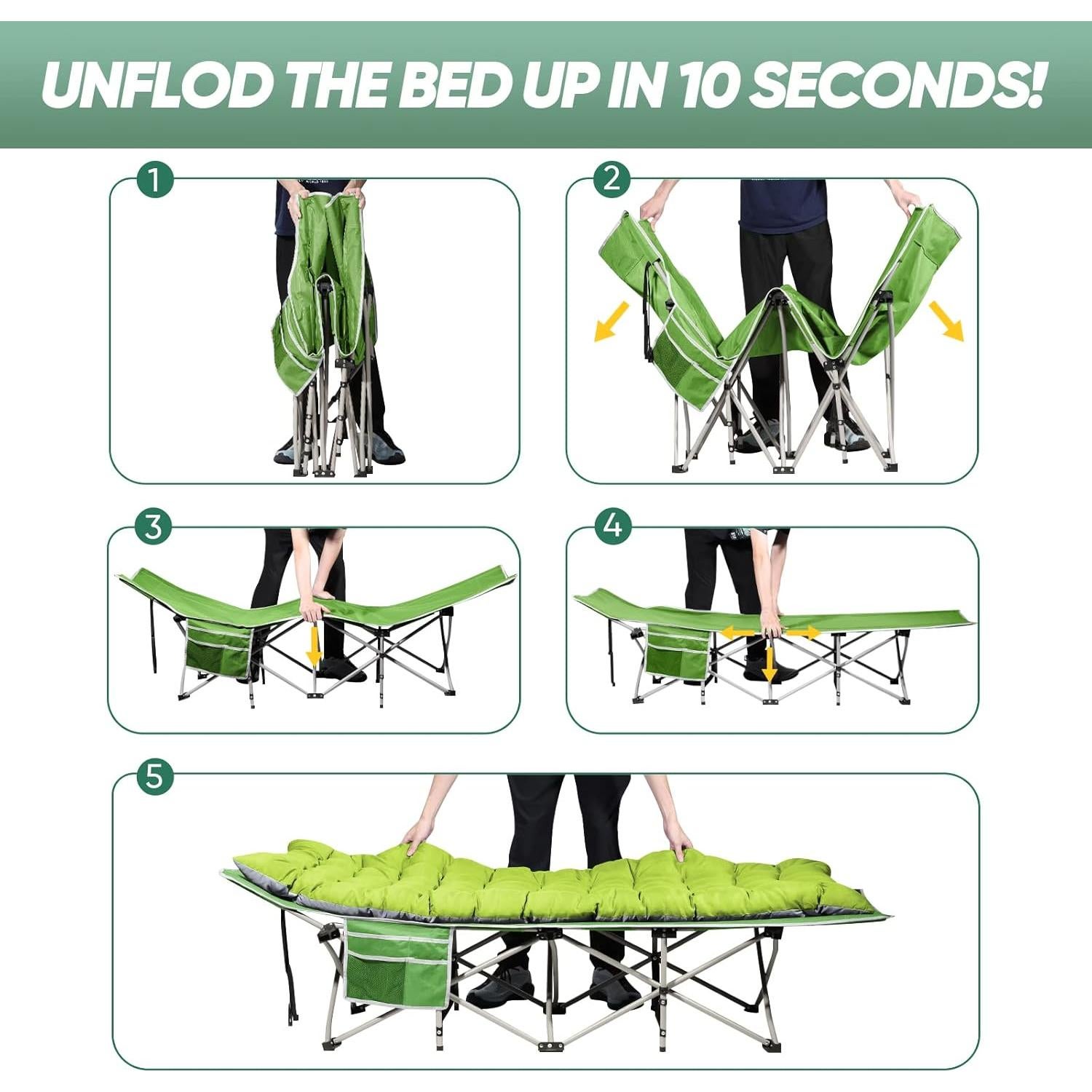 HAITRAL Portable Camping Cot with Mattress - Outdoor Folding Heavy Duty Sleeping Bed with Side Pocket for Adults - Oxford Single Lounge Chaise for Camping Tent Beach Office Max Load 300 LBS (Green)