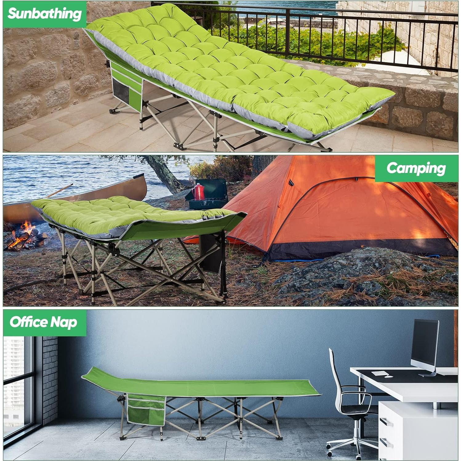 HAITRAL Portable Camping Cot with Mattress - Outdoor Folding Heavy Duty Sleeping Bed with Side Pocket for Adults - Oxford Single Lounge Chaise for Camping Tent Beach Office Max Load 300 LBS (Green)