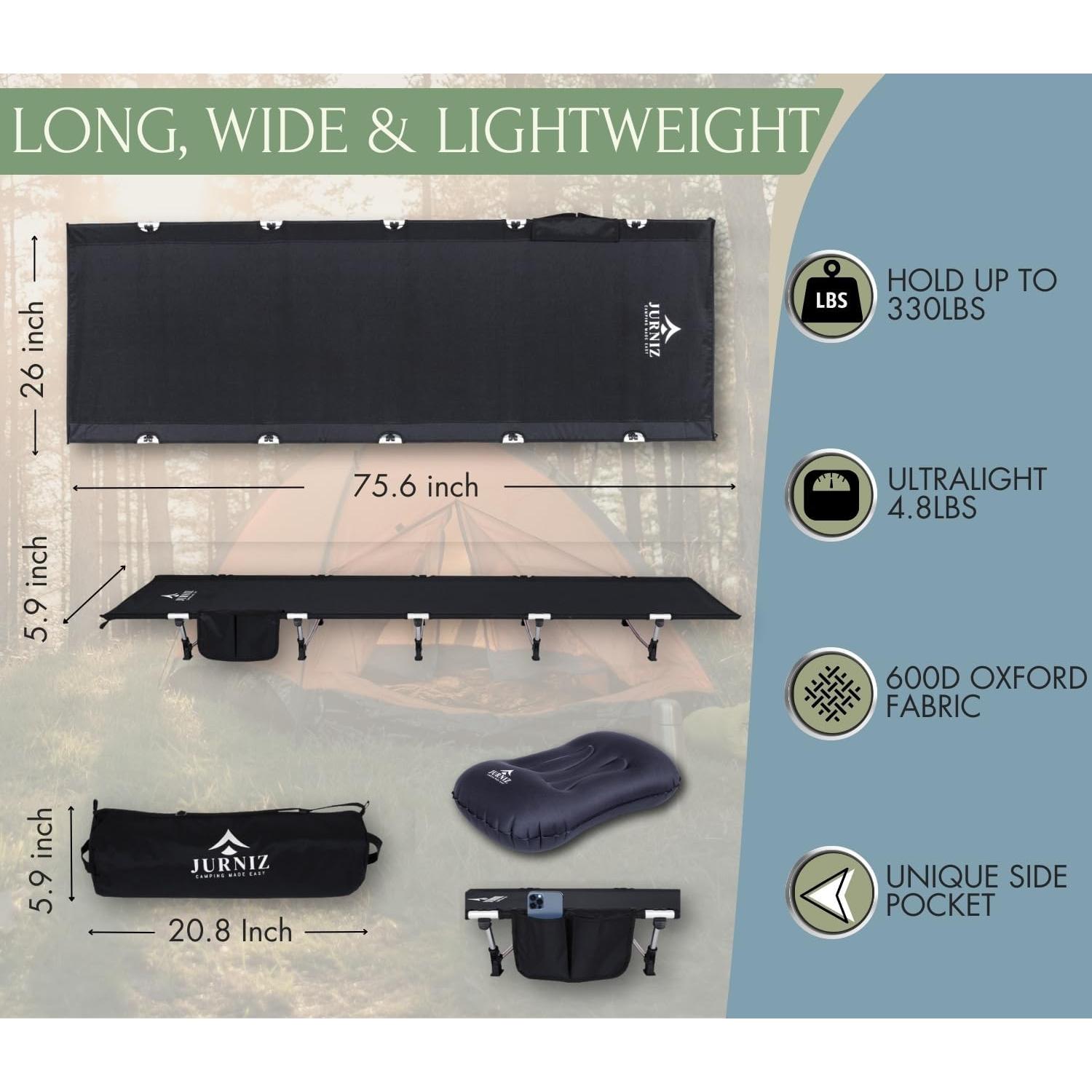 Cama de Camping Ultraligera JURNIZ 2.2kg Soporta 150kg Negra