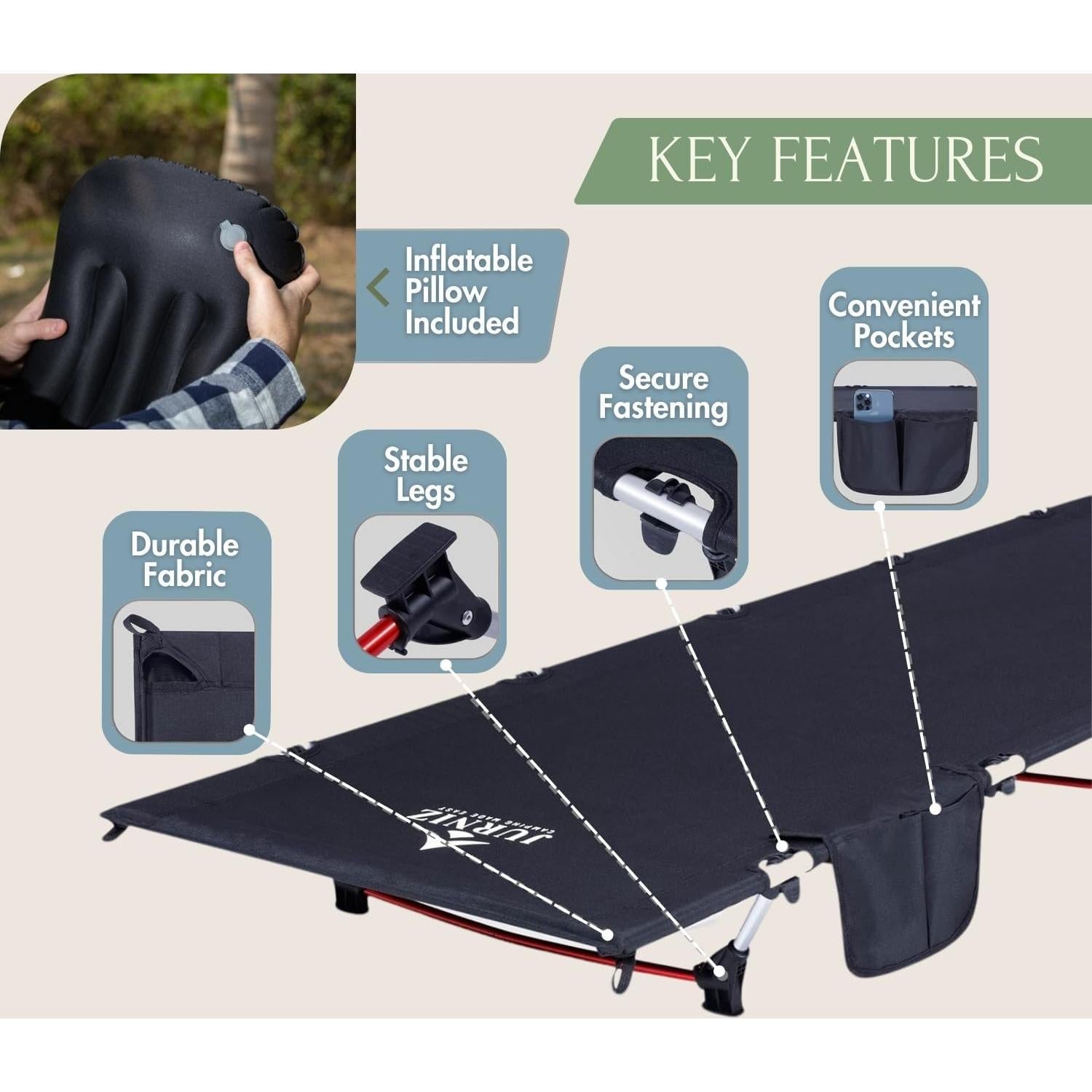 Cama de Camping Ultraligera JURNIZ 2.2kg Soporta 150kg Negra