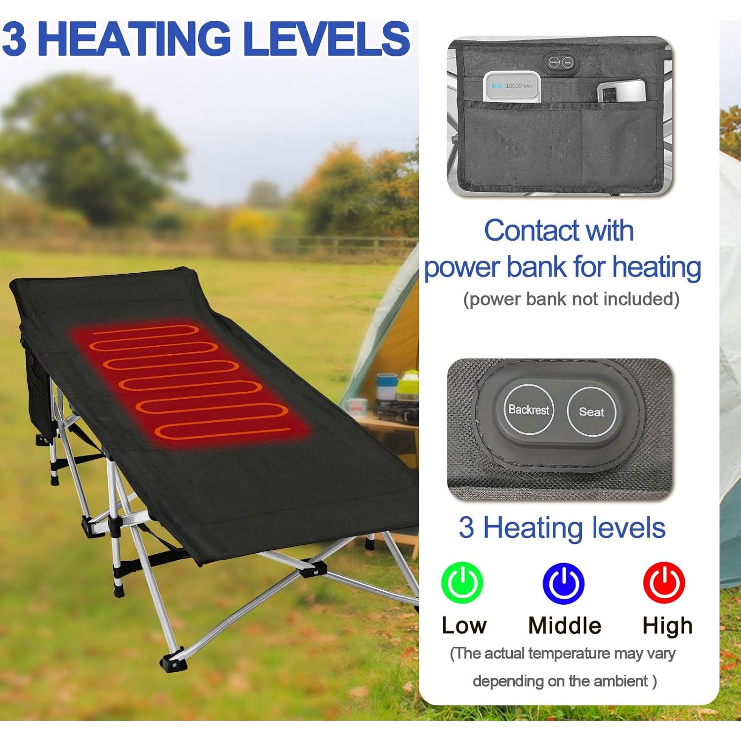 BESTHLS Heated Camping Cot for Adult 600D Oxford Portable Sturdy Sleeping Cot with Carry Bag, Portable Cots for for Home Office Nap Beach Travel Black