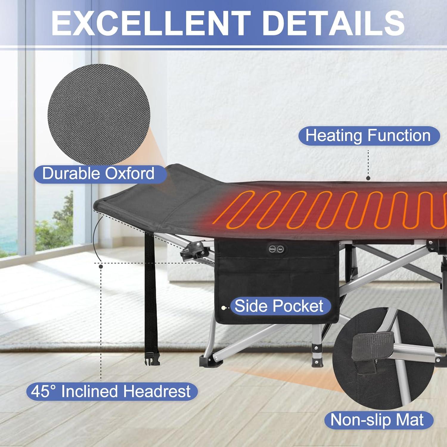 BESTHLS Heated Camping Cot for Adult 600D Oxford Portable Sturdy Sleeping Cot with Carry Bag, Portable Cots for for Home Office Nap Beach Travel Black