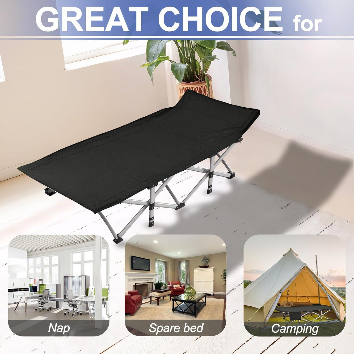 BESTHLS Heated Camping Cot for Adult 600D Oxford Portable Sturdy Sleeping Cot with Carry Bag, Portable Cots for for Home Office Nap Beach Travel Black