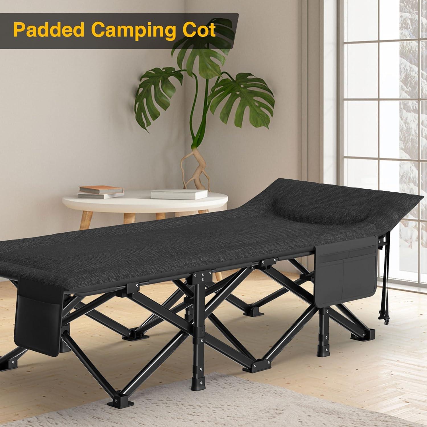 Suteck Camping Cot, Sleeping Cot Bed for Adults Sleeping Portable Folding Outdoor Cots for Camping W/Build-in Soft Cotton Pad and Carry Bag for Home Office Nap Beach Travel