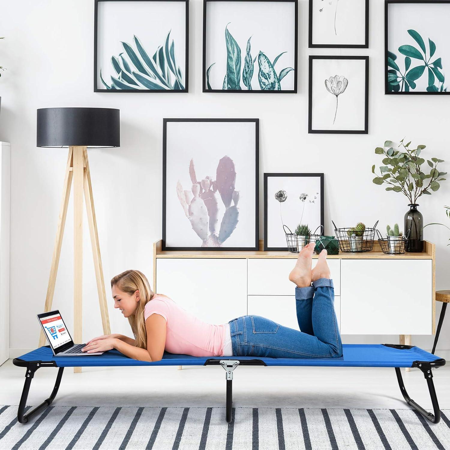 Cama de Camping Plegable GYMAX 150 KG Azul 190.5x55.9 cm