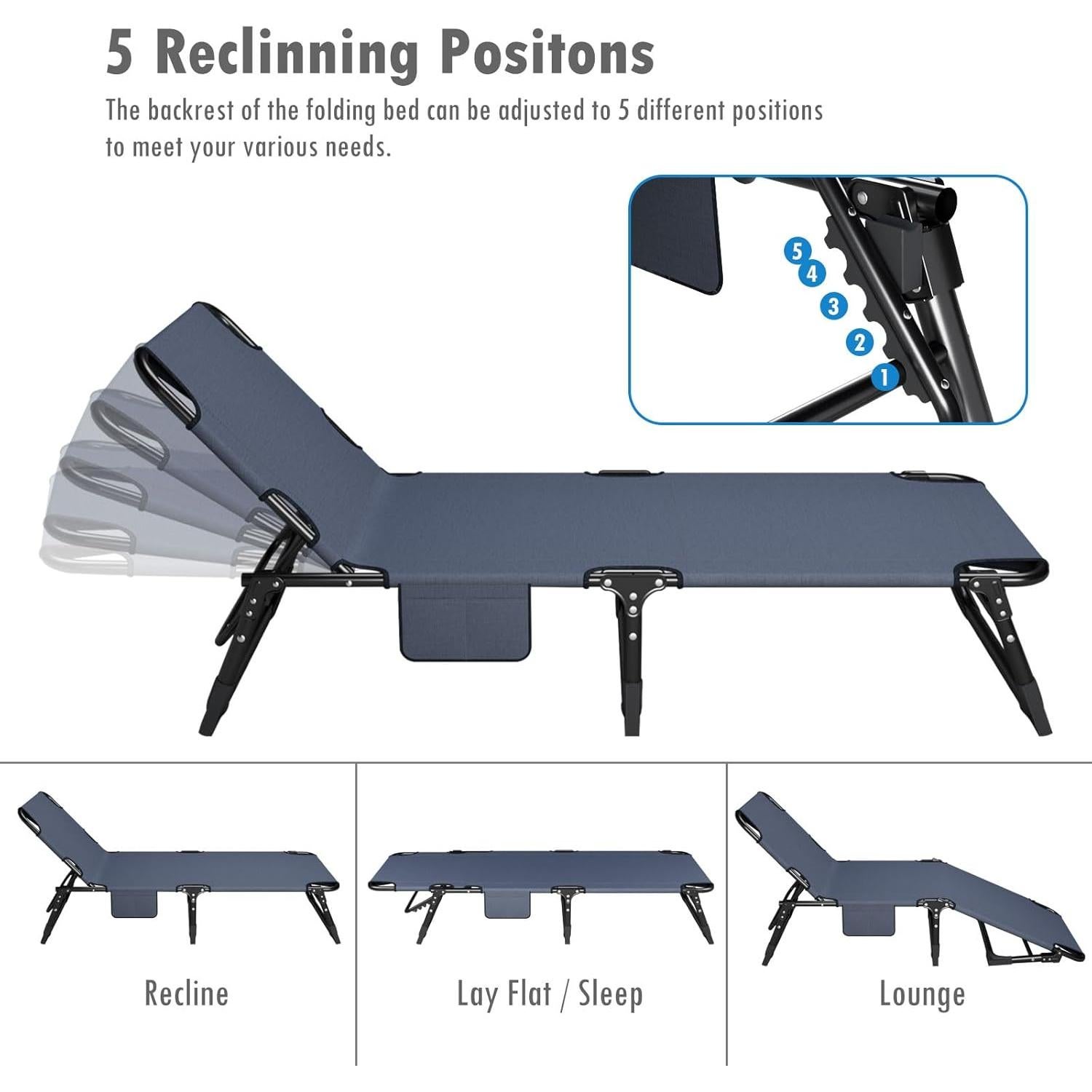 ATORPOK Folding Camping Cot for Adults with Padded Mattress and Pillow, Adjustable Reclining Lounger Sleeping Cot Bed, Ideal for Camping, Travel, Garden, or Office Use, Blue