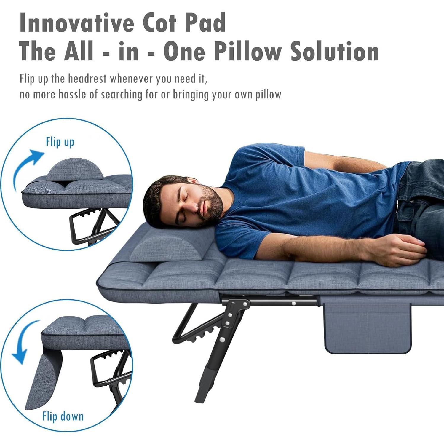 ATORPOK Folding Camping Cot for Adults with Padded Mattress and Pillow, Adjustable Reclining Lounger Sleeping Cot Bed, Ideal for Camping, Travel, Garden, or Office Use, Blue