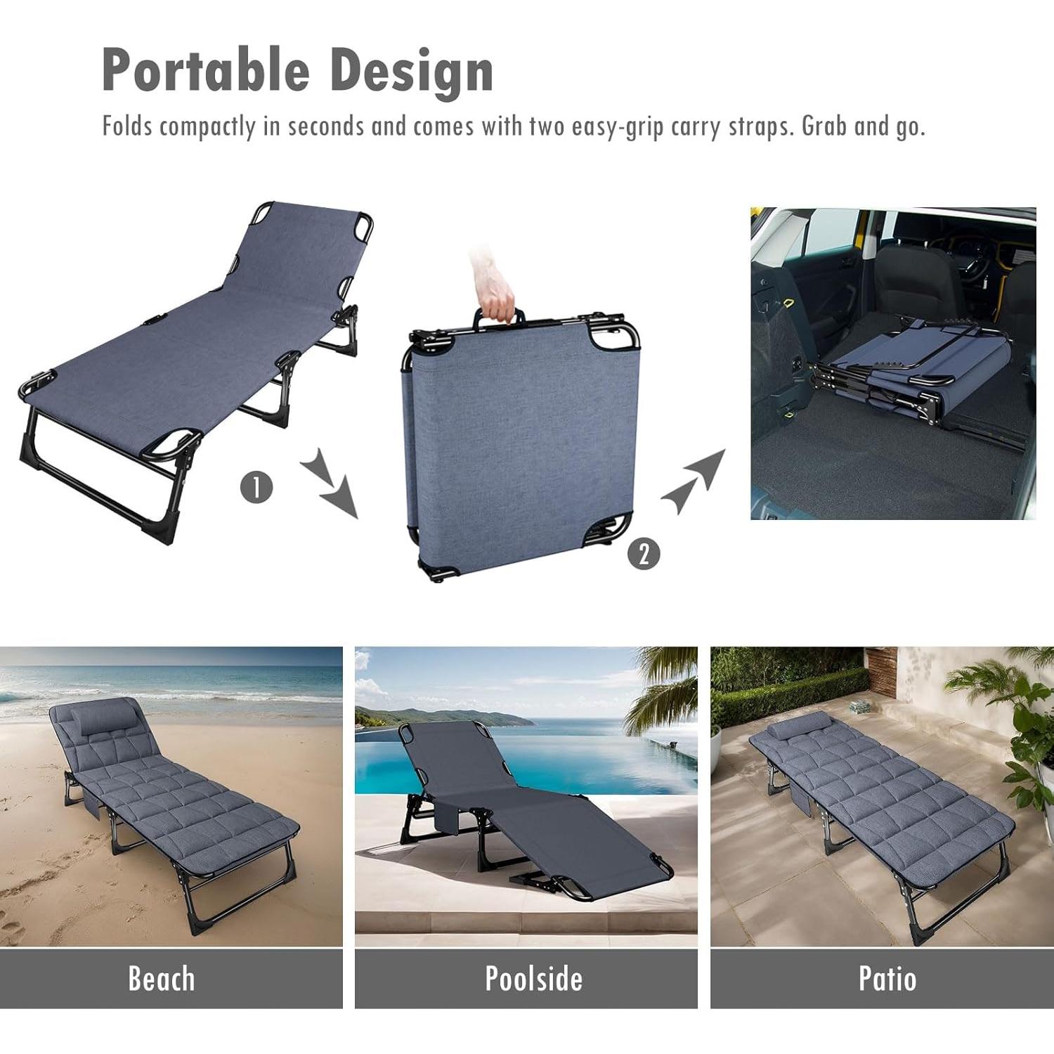 ATORPOK Folding Camping Cot for Adults with Padded Mattress and Pillow, Adjustable Reclining Lounger Sleeping Cot Bed, Ideal for Camping, Travel, Garden, or Office Use, Blue